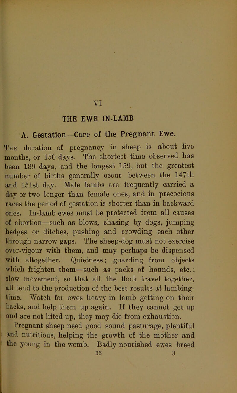 T ■ VI THE EWE IN-LAMB A. Gestation—Care of the Pregnant Ewe. The duration of pregnancy in sheep is about five months, or 150 days. The shortest time observed has been 139 days, and the longest 159, but the greatest number of births generally occur between the 147th and 151st day. Male lambs are frequently carried a day or two longer than female ones, and in precocious races the period of gestation is shorter than in backward ones. In-lamb ewes must be protected from all causes of abortion—such as blows, chasing by dogs, jumping hedges or ditches, pushing and crowding each other through narrow gaps. The sheep-dog must not exercise over-vigour with them, and may perhaps be dispensed with altogether. Quietness; guarding from objects which frighten them—such as packs of hounds, etc.; slow movement, so that all the flock travel together, all tend to the production of the best results at lambing- time. Watch for ewes heavy in lamb getting on their backs, and help them up again. If they cannot get up and are not lifted up, they may die from exhaustion. Pregnant sheep need good sound pasturage, plentiful and nutritious, helping the growth of the mother and the young in the womb. Badly nourished ewes breed