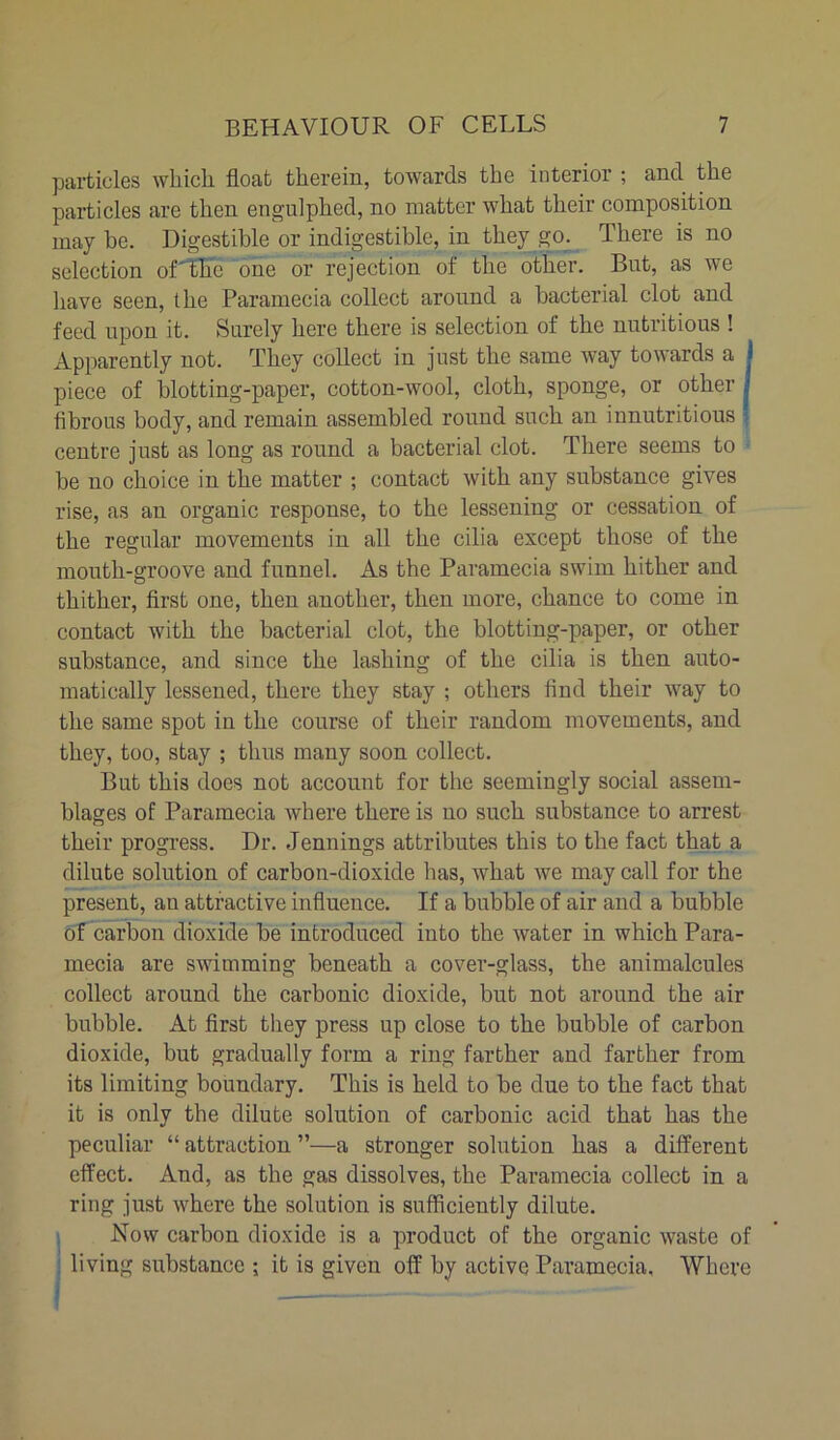 particles wliicli float therein, towards the interior ; and the particles are then engulphed, no matter what their composition may be. Digestible or indigestible, in they go. There is no selection oUtlie one or rejection of the other. Bnt, as we have seen, the Paramecia collect around a bacterial clot and feed upon it. Surely here there is selection of the nutritious ! Apparently not. They collect in just the same way towards a j piece of blotting-paper, cotton-wool, cloth, sponge, or other fibrous body, and remain assembled round such an innutritious centre just as long as round a bacterial clot. There seems to be no choice in the matter ; contact with any substance gives rise, as an organic response, to the lessening or cessation of the regular movements in all the cilia except those of the mouth-groove and funnel. As the Paramecia swim hither and thither, first one, then another, then more, chance to come in contact with the bacterial clot, the blotting-paper, or other substance, and since the lashing of the cilia is then auto- matically lessened, there they stay ; others find their way to the same spot in the course of their random movements, and they, too, stay ; thus many soon collect. But this does not account for the seemingly social assem- blages of Paramecia where there is no such substance to arrest their progress. Dr. Jennings attributes this to the fact that a dilute solution of carbon-dioxide has, what we may call for the present, an attractive influence. If a bubble of air and a bubble of carbon dioxide be introduced into the water in which Para- mecia are swimming beneath a cover-glass, the animalcules collect around the carbonic dioxide, but not around the air bubble. At first they press up close to the bubble of carbon dioxide, but gradually form a ring farther and farther from its limiting boundary. This is held to be due to the fact that it is only the dilute solution of carbonic acid that has the peculiar “ attraction ”—a stronger solution has a different effect. And, as the gas dissolves, the Paramecia collect in a ring just where the solution is sufficiently dilute. Now carbon dioxide is a product of the organic waste of living substance ; it is given off by active Paramecia, Where