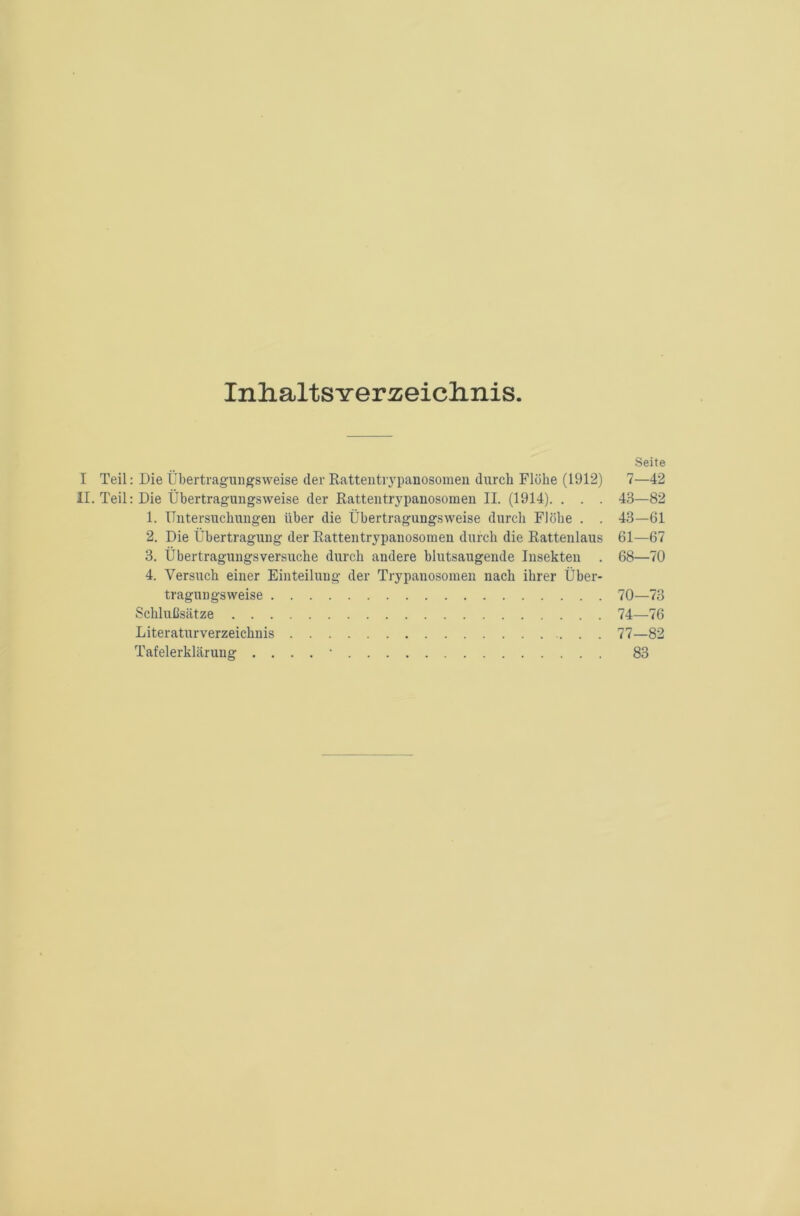 Inhaltsverzeichnis. Seite I Teil: Die Übertragungsweise der Rattentrypanosomen durch Flöhe (1912) 7—42 II. Teil: Die Übertragungsweise der Rattentrypanosomen II. (1914). . . . 43—82 1. Untersuchungen über die Übertragungsweise durch Flöhe . . 43—61 2. Die Übertragung der Rattentrypanosomen durch die Rattenlaus 61—67 3. Übertragungsversuche durch andere blutsaugende Insekten . 68—70 4. Versuch einer Einteilung der Trypanosomen nach ihrer Über- tragungsweise 70—73 Schlußsätze 74—76 Literaturverzeichnis 77—82 Tafelerklärung . . . . • 83