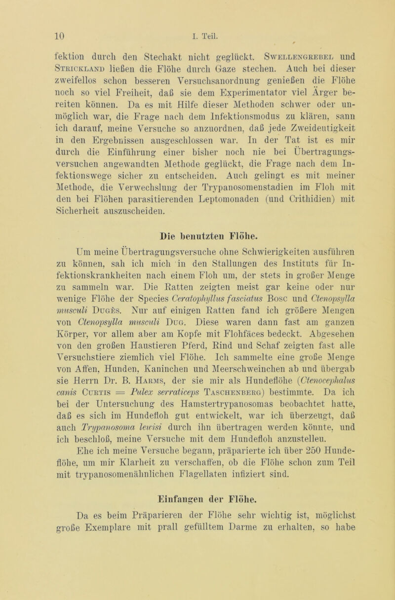 fektion durch den Stechakt nicht geglückt. Swellengrebel und Strickland ließen die Flöhe durch Gaze stechen. Auch bei dieser zweifellos schon besseren Versuchsanordnung genießen die Flöhe noch so viel Freiheit, daß sie dem Experimentator viel Ärger be- reiten können. Da es mit Hilfe dieser Methoden schwer oder un- möglich war, die Frage nach dem Infektionsmodus zu klären, sann ich darauf, meine Versuche so anzuordnen, daß jede Zweideutigkeit in den Ergebnissen ausgeschlossen war. In der Tat ist es mir durch die Einführung einer bisher noch nie bei Übertragungs- versuchen angewandten Methode geglückt, die Frage nach dem In- fektionswege sicher zu entscheiden. Auch gelingt es mit meiner Methode, die Verwechslung der Trypanosomen Stadien im Floh mit den bei Flöhen parasitierenden Leptomonaden (und Crithidien) mit Sicherheit auszuscheiden. Die benutzten Flöhe. Um meine Übertragungsversuche ohne Schwierigkeiten 'ausführen zu können, sah ich mich in den Stallungen des Instituts für In- fektionskrankheiten nach einem Floh um, der stets in großer Menge zu sammeln war. Die Ratten zeigten meist gar keine oder nur wenige Flöhe der Species Ceratophtßliis fasciatus Bose und Ctenopsylla musculi Duges. Nur auf einigen Ratten fand ich größere Mengen von Ctenopsylla musculi Dug. Diese waren dann fast am ganzen Körper, vor allem aber am Kopfe mit Flohfäces bedeckt. Abgesehen von den großen Haustieren Pferd, Rind und Schaf zeigten fast alle Versuchstiere ziemlich viel Flöhe. Ich sammelte eine große Menge von Affen, Hunden, Kaninchen und Meerschweinchen ab und übergab sie Herrn Dr. B. Harms, der sie mir als Hundeflöhe (Ctenocephalus canis Curtis = Pulex serraticeps Taschenberg) bestimmte. Da ich bei der Untersuchung des Hamstertrypanosomas beobachtet hatte, daß es sich im Hundefloh gut entwickelt, war ich überzeugt, daß auch Trypanosoma lewisi durch ihn übertragen werden könnte, und ich beschloß, meine Versuche mit dem Hundefloh anzustelleu. Ehe ich meine Versuche begann, präparierte ich über 250 Hunde- flöhe, um mir Klarheit zu verschaffen, ob die Flöhe schon zum Teil mit trypanosomenähnlichen Flagellaten infiziert sind. Einfangen (1er Flöhe. Da es beim Präparieren der Flöhe sehr wichtig ist, möglichst große Exemplare mit prall gefülltem Darme zu erhalten, so habe