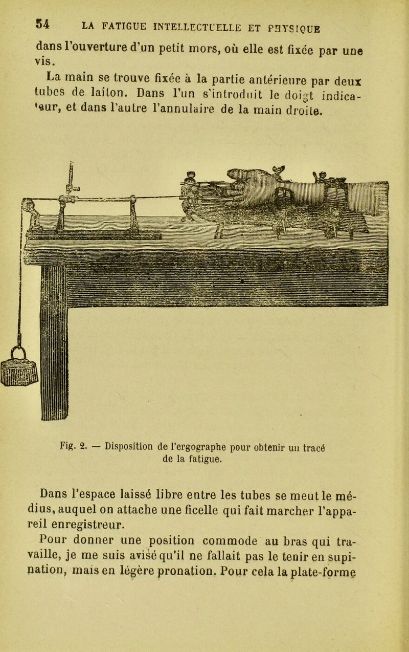 dans l’ouverture d’un petit mors, où elle est fixée par une vis. La main se trouve fixée à la partie antérieure par deux tubes de laiton. Dans l’un s’introduit le doigt indica- ‘«ur, et dans l’autre l’annulaire de la main droite. Fig. 2. — Disposition de l’ergographe pour obtenir un tracé de la fatigue. Dans l’espace laissé libre entre les tubes se meut le mé- dius, auquel on attache une ficelle qui fait marcher l’appa- reil enregistreur. Pour donner une position commode au bras qui tra- vaille, je me suis avisé qu’il ne fallait pas le tenir en supi- nation, mais en légère pronation. Pour cela la plate-forme