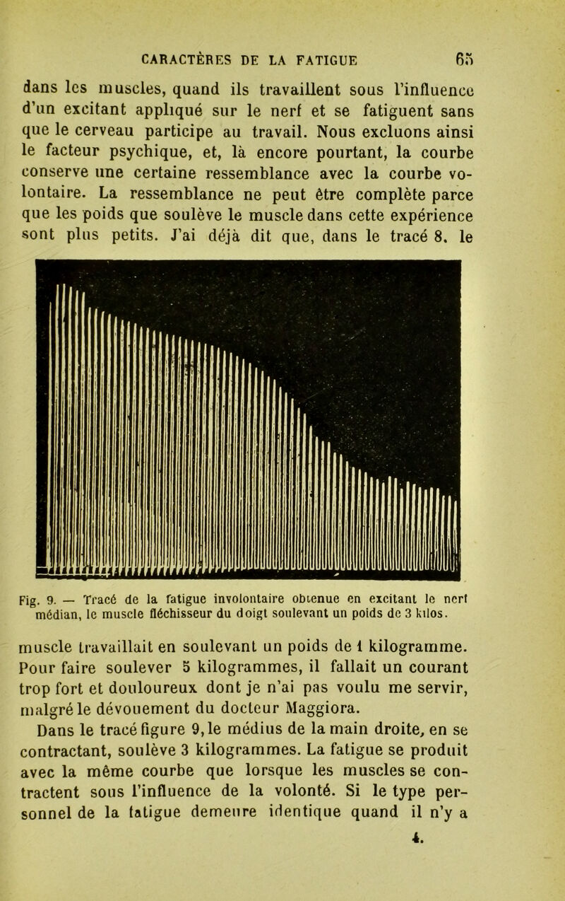 dans les muscles, quand ils travaillent sous l’influence d’un excitant appliqué sur le nerf et se fatiguent sans que le cerveau participe au travail. Nous excluons ainsi le facteur psychique, et, là encore pourtant, la courbe conserve une certaine ressemblance avec la courbe vo- lontaire. La ressemblance ne peut être complète parce que les poids que soulève le muscle dans cette expérience sont plus petits. J’ai déjà dit que, dans le tracé 8. le Pig, 9. _ Tracé de la fatigue involontaire obtenue en excitant le nert médian, le muscle fléchisseur du doigt soulevant un poids de 3 kilos. muscle travaillait en soulevant un poids de 1 kilogramme. Pour faire soulever 5 kilogrammes, il fallait un courant trop fort et douloureux dont je n’ai pas voulu me servir, malgré le dévouement du docteur Maggiora. Dans le tracé figure 9,1e médius de la main droite, en se contractant, soulève 3 kilogrammes. La fatigue se produit avec la même courbe que lorsque les muscles se con- tractent sous l’influence de la volonté. Si le type per- sonnel de la fatigue demeure identique quand il n’y a 4.