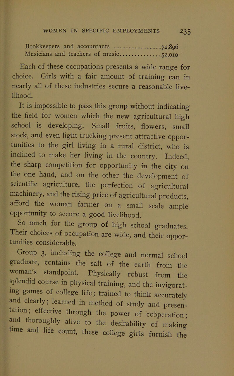 Bookkeepers and accountants 72,896 Musicians and teachers of music 52,010 Each of these occupations presents a wide range for choice. Girls with a fair amount of training can in nearly all of these industries secure a reasonable live- lihood. It is impossible to pass this group without indicating the field for women which the new agricultural high school is developing. Small fruits, flowers, small stock, and even light trucking present attractive oppor- tunities to the girl living in a rural district, who is inclined to make her living in the country. Indeed, the sharp competition for opportunity in the city on the one hand, and on the other the development of scientific agriculture, the perfection of agricultural machinery, and the rising price of agricultural products, afford the woman farmer on a small scale ample opportunity to secure a good livelihood. So much for the group of high school graduates. Their choices of occupation are wide, and their oppor- tunities considerable. Group 3, including the college and normal school graduate, contains the salt of the earth from the woman’s standpoint. Physically robust from the splendid course in physical training, and the invigorat- ing games of college life; trained to think accurately and clearly; learned in method of study and presen- tation, effective through the power of cooperation; and thoroughly alive to the desirability of making time and life count, these college girls furnish the