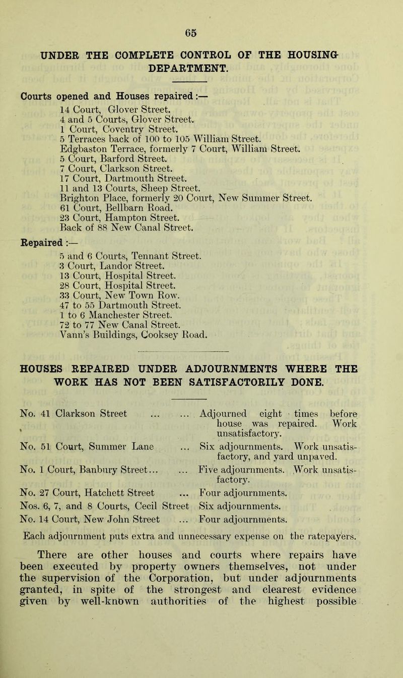65 UNDER THE COMPLETE CONTROL OF THE HOUSING- DEPARTMENT. Courts opened and Houses repaired:— 14 Court, Glover Street. 4 and 5 Courts, Glover Street. I Court, Coventry Street. 5 Terraces back of 100 to 105 William Street. Edgbaston Terrace, formerly 7 Court, William Street. 5 Court, Barford Street. 7 Court, Clarkson Street. 17 Court, Dartmouth Street. II and 13 Courts, Sheep Street. Brighton Place, formerly 20 Court, New Summer Street. 61 Court, Bellbarn Road. 23 Court, Hampton Street. Back of 88 New Canal Street. Repaired 5 and 6 Courts, Tennant Street. 3 Court, Landor Street. 13 Court, Hospital Street. 28 Court, Hospital Street. 33 Court, New Town Row. 47 to 55 Dartmouth Street. 1 to 6 Manchester Street. 72 to 77 New Canal Street. Vann’s Buildings, Cooksey Road. HOUSES REPAIRED UNDER ADJOURNMENTS WHERE THE WORK HAS NOT BEEN SATISFACTORILY DONE. No. 41 Clarkson Street % No. 51 Court, Summer Lane No. 1 Court, Banbury Street... eight times before Work No. 27 Court, Hatchett Street Nos. 6, 7, and 8 Courts, Cecil Street No. 14 Court, New John Street Each adjournment puts extra and unnecessary expense on the ratepayers. Adjourned house was repaired, unsatisfactory. Six adjournments. Work unsatis- factory, and yard unpaved. Five adjournments. Work unsatis- factory. Four adjournments. Six adjournments. Four adjournments. There are other houses and courts where repairs have been executed by property owners themselves, not under the supervision of the Corporation, but under adjournments granted, in spite of the strongest and clearest evidence given by well-knOwn authorities of the highest possible