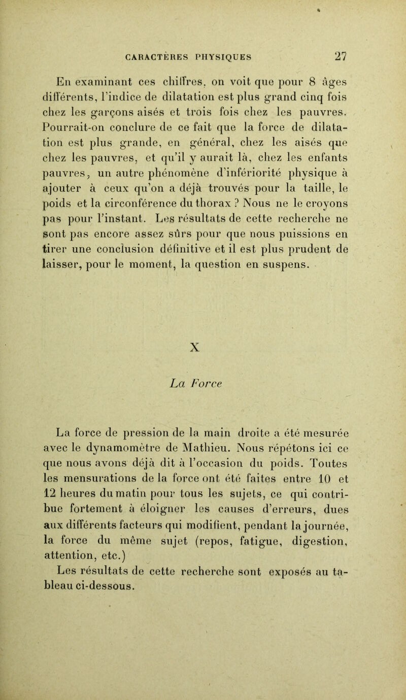 En examinant ces chiffres, on voit que pour 8 âges différents, l’indice de dilatation est plus grand cinq fois chez les garçons aisés et trois fois chez les pauvres. Pourrait-on conclure de ce fait que la force de dilata- tion est plus grande, en général, chez les aisés que chez les pauvres, et qu’il y aurait là, chez les enfants pauvres ? un autre phénomène d’infériorité physique à ajouter à ceux qu’on a déjà trouvés pour la taille, le poids et la circonférence du thorax ? Nous ne le croyons pas pour l’instant. Les résultats de cette recherche ne sont pas encore assez sûrs pour que nous puissions en tirer une conclusion définitive et il est plus prudent de laisser, pour le moment, la question en suspens. X La Force La force de pression de la main droite a été mesurée avec le dynamomètre de Mathieu. Nous répétons ici ce que nous avons déjà dit à l’occasion du poids. Toutes les mensurations de la force ont été faites entre 10 et 12 heures du matin pour tous les sujets, ce qui contri- bue fortement à éloigner les causes d’erreurs, dues aux différents facteurs qui modifient, pendant la journée, la force du même sujet (repos, fatigue, digestion, attention, etc.) Les résultats de cette recherche sont exposés au ta- bleau ci-dessous.