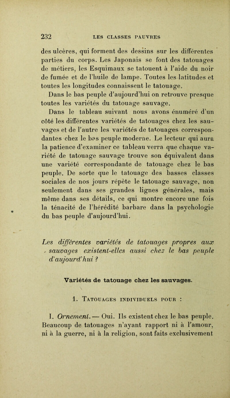 des ulcères, qui forment des dessins sur les différentes parties du corps. Les Japonais se font des tatouages de métiers, les Esquimaux se tatouent à l’aide du noir de fumée et de l’huile de lampe. Toutes les latitudes et toutes les longitudes connaissent le tatouage. Dans le bas peuple d’aujourd’hui on retrouve presque toutes les variétés du tatouage sauvage. Dans le tableau suivant nous avons énuméré d’un côté les différentes variétés de tatouages chez les sau- vages et de l’autre les variétés de tatouages correspon- dantes chez le bas peuple moderne. Le lecteur qui aura la patience d’examiner ce tableau verra que chaque va- riété de tatouage sauvage trouve son équivalent dans une variété correspondante de tatouage chez le bas peuple. De sorte que le tatouage des basses classes sociales de nos jours répète le tatouage sauvage, non seulement dans ses grandes lignes générales, mais même dans ses détails, ce qui montre encore une fois la ténacité de l’hérédité barbare dans la psychologie du bas peuple d’aujourd’hui. Les différentes variétés de tatouages propres aux , sauvages existent-elles aussi chez le bas peuple d'aujourd'hui ? Variétés de tatouage chez les sauvages. 1. Tatouages individuels pour : I. Ornement.— Oui. Ils existent chez le bas peuple. Beaucoup de tatouages n’ayant rapport ni à l’amour, ni à la guerre, ni à la religion, sont faits exclusivement