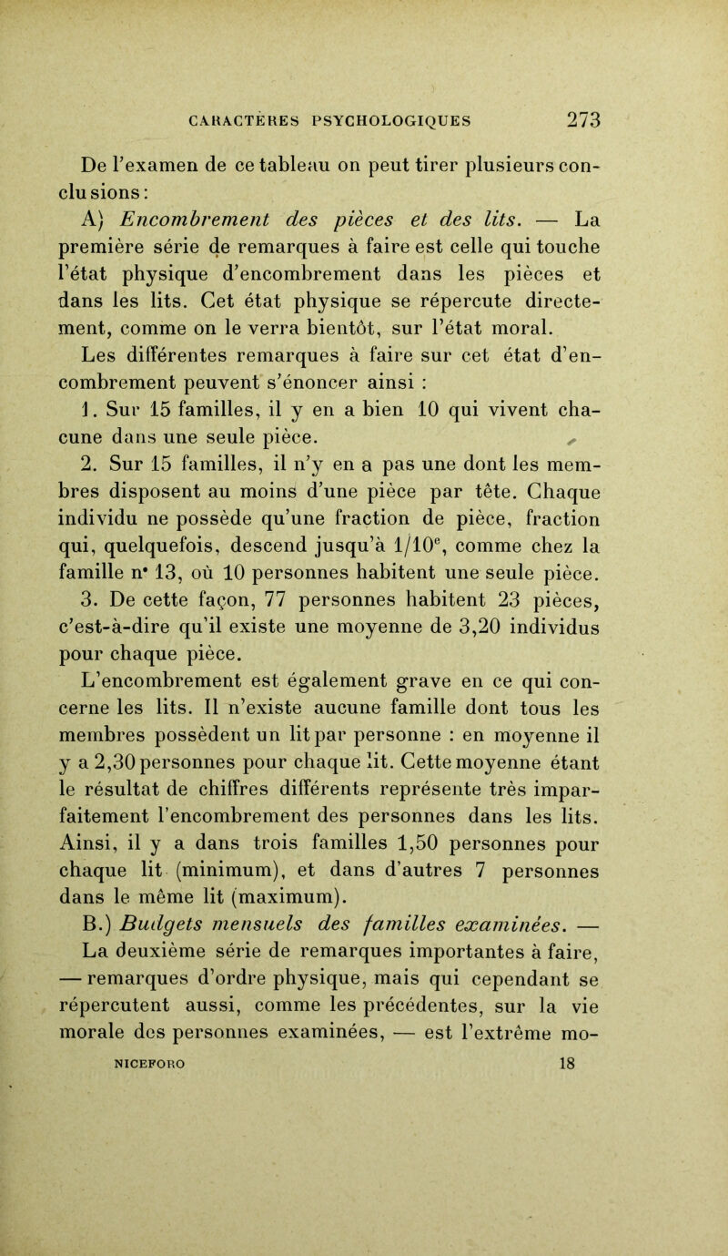 De l'examen de ce tableau on peut tirer plusieurs con- clusions: A) Encombrement des pièces et des lits. — La première série 4e remarques à faire est celle qui touche l’état physique d'encombrement dans les pièces et dans les lits. Cet état physique se répercute directe- ment, comme on le verra bientôt, sur l’état moral. Les différentes remarques à faire sur cet état d’en- combrement peuvent s'énoncer ainsi : 1. Sur 15 familles, il y en a bien 10 qui vivent cha- cune dans une seule pièce. ✓ 2. Sur 15 familles, il n’y en a pas une dont les mem- bres disposent au moins d’une pièce par tête. Chaque individu ne possède qu’une fraction de pièce, fraction qui, quelquefois, descend jusqu’à l/10e, comme chez la famille n* 13, où 10 personnes habitent une seule pièce. 3. De cette façon, 77 personnes habitent 23 pièces, c'est-à-dire qu’il existe une moyenne de 3,20 individus pour chaque pièce. L’encombrement est également grave en ce qui con- cerne les lits. Il n’existe aucune famille dont tous les membres possèdent un lit par personne : en moyenne il y a 2,30 personnes pour chaque lit. Cette moyenne étant le résultat de chiffres différents représente très impar- faitement l’encombrement des personnes dans les lits. Ainsi, il y a dans trois familles 1,50 personnes pour chaque lit (minimum), et dans d’autres 7 personnes dans le même lit (maximum). B.) Budgets jnensuels des familles examinées. — La deuxième série de remarques importantes à faire, — remarques d’ordre physique, mais qui cependant se répercutent aussi, comme les précédentes, sur la vie morale des personnes examinées, — est l’extrême mo- NICEFORO 18