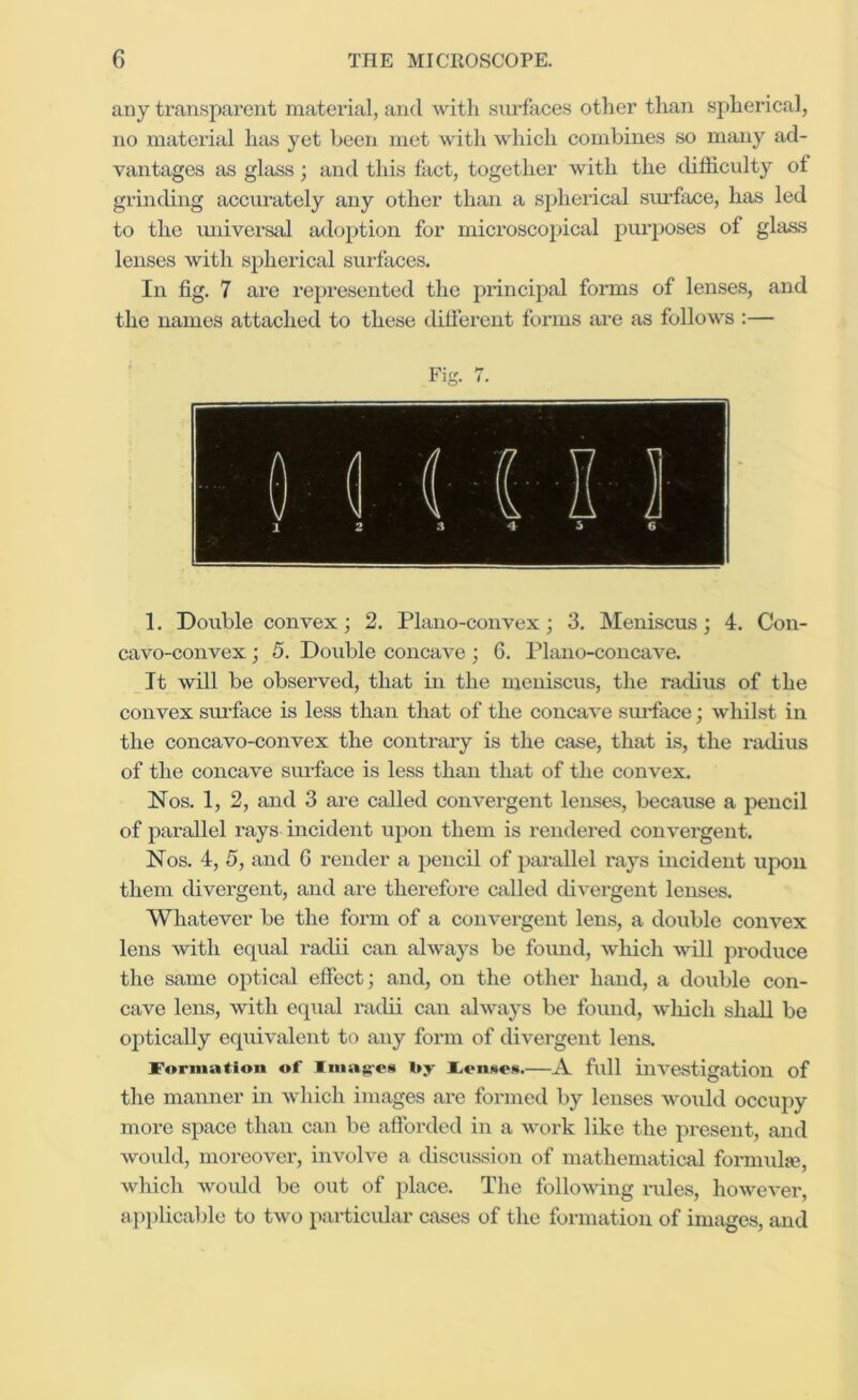 any transparent material, and Avitli siu'faces other than spherical, no material ha.s yet been met with wliich combines so many ad- vantages as glass; and this fact, together with the difficulty of grinding accuiutely any other than a spherical smffixce, has led to the miiversid taloption for microscopical purposes of glass lenses with spherical surfaces. In fig. 7 are rejjresented the principal forms of lenses, and the names attached to these dilferent forms are as follows :— Fig. 7. 1. Double convex; 2. Plano-convex; 3. Meniscus; 4. Con- cavo-convex ; 5. Double concave; 6. Plano-concave. It will be observed, that in the meniscus, the radius of the convex surface is less than that of the concave suidace; whilst in the concavo-convex the contraiy is the case, that is, the radius of the concave surface is less than that of the convex. Nos. 1, 2, and 3 are called convergent lenses, because a pencil of parallel rays incident upon them is rendered convergent. Nos. 4, 5, and G render a pencil of jjarallel rays incident upon them divergent, and are therefore called divergent lenses. Whatever be the form of a convergent lens, a double convex lens with equal radii can always be found, which will produce the same optical effect; and, on the other hand, a double con- cave lens, with equ:d radii can always be found, which shall be optically equivalent to any form of divergent lens. formation of liuag-rH fonneH. A full investigation of the manner in which images are formed by lenses woidd occupy more space than can be afforded in a work like the present, and would, moreover, involve a discussion of mathematical formula?, which would be out of place. The following rules, however, api)licable to two particular cases of the formation of images, and