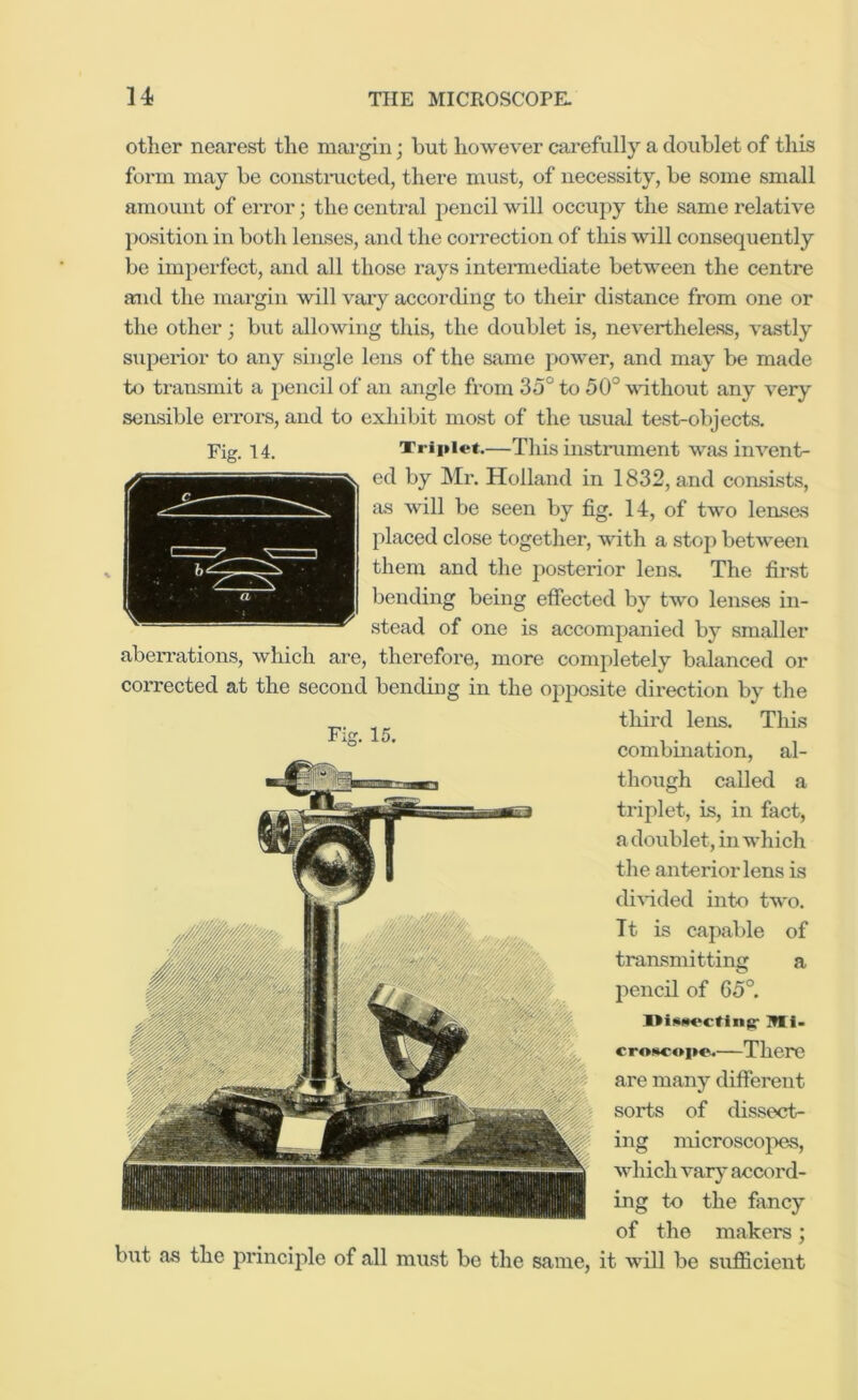 other nearest the margin; hut however cai-efully a doublet of this form may be constructed, there must, of necessity, be some small amount of error; the central pencil will occupy the same relative position in both lenses, and the correction of this will consequently be imperfect, and all those rays intei*metliate between the centre mid the margin will vaiy accorcbng to their distance from one or the other; but allowing this, the doublet is, nevertheless, vastly superior to any single lens of the same jiower, and may be made to transmit a pencil of an angle from 35° to 50° vdthout any very sensible errors, and to exhibit most of the usual test-objects. Fig. 14. Xrii»iet.—This insti-ument was invent- ed by Mr. Holland in 1832, and consists, as will be seen by fig. 14, of two lenses placed close together, with a stop between them and the posterior lens. The first bending being effected by two lenses in- stead of one is accompanied by smaller aberi’ations, which are, therefore, more completely balanced or corrected at the second bending in the opposite direction by the third lens. This combination, al- though called a triplet, is, in fact, a doublet, in which the anterior lens is dirided into two. Tt is capable of transmitting a pencil of 65° M i- c roHcoi»<s—There are many different sorts of dissect- ing microscoj>ea, which var}^ accord- ing to the fancy of the makers; but as the princijde of all must be the same, it will be sufficient