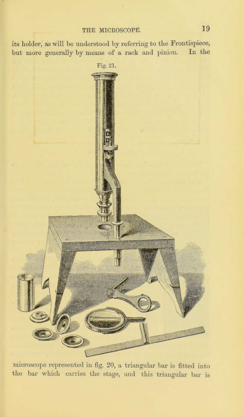 microscope represented in fig. 20, a triangular bar is fitted into the bar which carries the stage, and this triangular bar is its holder, as will be understood by referring to the Frontispiece, but more generally by means of a rack and pinion. In the