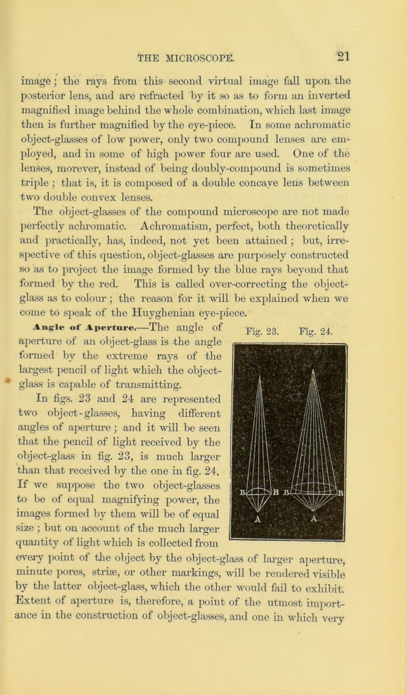 image; the rays from this second virtual image fall upon the posterior lens, and are refracted by it so as to form an inverted magnified image behind the whole combination, which last image then is further magnified by the eye-piece. In some achromatic object-glasses of low power, only two compound lenses are em- ployed, and in some of high power four are used. One of the lenses, morever, in.stead of being doubly-compound is sometimes trij)le; that is, it is composed of a double concave leiis between two double convex lenses. The object-glasses of the compound microscope ai’e not made pertectly aclu'omatic. Achromatism, perfect, both theoretically and practically, has, indeed, not yet been attained; but, irre- spective of this question, object-glasses are purposely consti’ucted so as to project the image formed by the blue rays beyond that formed by the red. This is called over-correcting the object- glass as to coloiu-; the reason for it will be explained when we come to speak of the Huyghenian eye-piece. Augrio of Aperture.—The angle of aperture of an object-glass is the angle formed by the extreme rays of the largest pencil of light which the object- * glass is capable of transmitting. In figs. 23 and 24 are represented two object-glasses, having different angles of aperture; and it will be seen that the pencil of light received by the object-glass in fig. 23, is much larger than that received by the one in fig. 24. If we suppose the two object-glasses to be of equal magnifying power, the images fonned by them will be of equal size ; but on account of the much larger quantity of light which is collected from every point of tlie object by the object-glass of lai’ger apertm-e, minute pores, stripe, or other mai'kings, wdll be rendered visilde by the latter object-glass, which the other would fail to exhibit. Extent of aperture is, therefore, a point of the utmost import- ance in the constmction of object-glasses, and one in wliich very