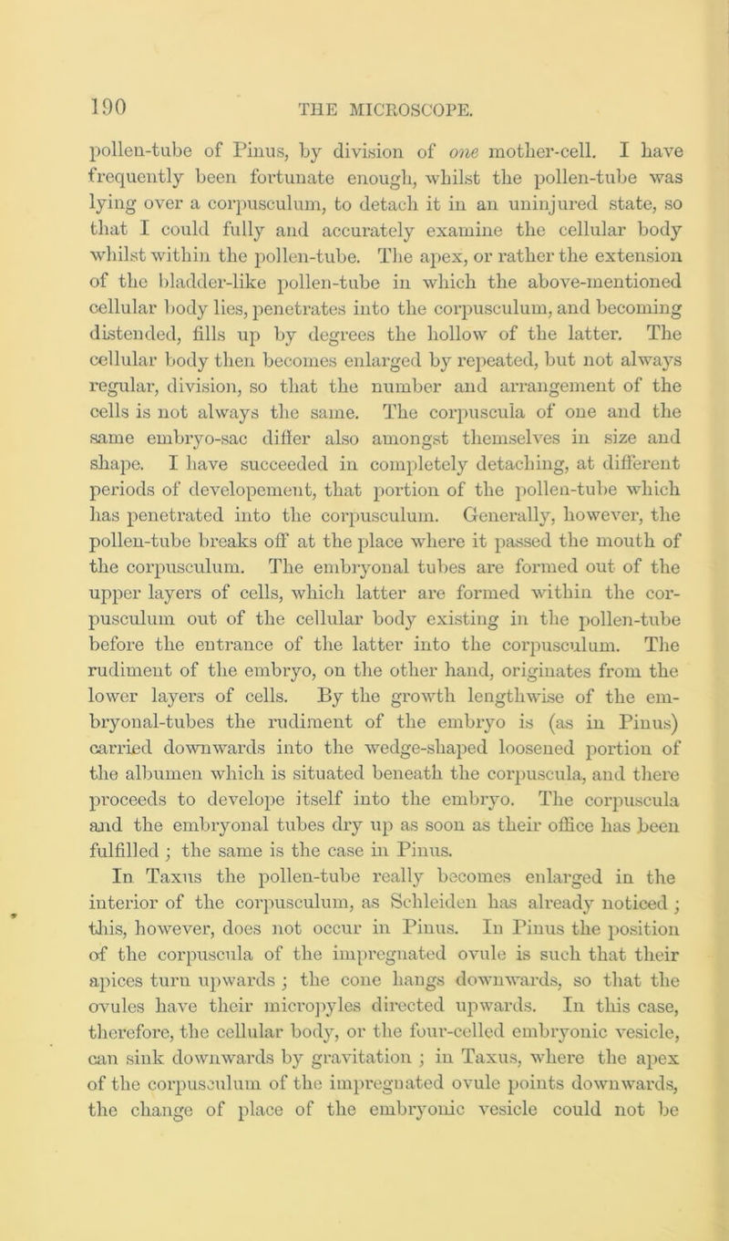 polleu-tube of Pinus, by division of one motber-cell. I Lave frequently been fortunate enougb, whilst the pollen-tube was lying over a corpusculum, to detach it in an uninjured state, so that I could fully and accurately examine the cellular body whilst within the pollen-tube. The apex, or x'ather the extension of the bladder-like pollen-tube in which the above-mentioned cellular body lies, penetrates into the corpusculum, and becoming distended, fills up by degrees the hollow of the latter. The cellular body then becomes enlarged by repeated, but xxot always regular, division, so that the number and arrangement of the cells is not always the same. The corpuscula of one and the same embryo-sac difier also amongst them.seh'es in size and shape. I have succeeded in completely detaching, at different periods of developement, that portion of the pollen-tube which has penetrated into the corpusculum. Generally, however, the pollen-tube breaks off at the place where it passed the mouth of the corpusculum. The embryonal tubes are formed out of the upper layers of cells, which latter are formed within the cor- pusculum out of the cellular body existing in the pollen-tube before the entrance of the latter into the corpusculum. The rudiment of the embryo, on the other hand, originates from the lower layers of cells. By the growth lengthwise of the em- bryonal-tubes the rudiment of the embryo is (as in Pinus) carried downwards into the wedge-shaped loosened portion of the albumen which is situated beneath the cor])uscula, and there proceeds to develope itself into the embryo. The corpuscula and the embryonal tubes dry up as soon as their office has been fulfilled ; the same is the case in Pinus. In Taxus the pollen-tube really becomes enlarged in the interior of the corpusculum, as Schleiden has already noticed ; tills, however, does not occur in Pinus. In Pinus the po.sition of the corpuscula of the impregnated ovule is such that their apices turn upwards ; the cone hangs downwards, so that the ovules have their micro])yles directed upwards. In this case, tliereforc, the cellular body, or the four-celled embryonic vesicle, cixn sink downwards by gravitation ; in Taxus, where the apex of the corpusculum of the impregnated ovule points downwards, the change of place of the embryonic vesicle could not be