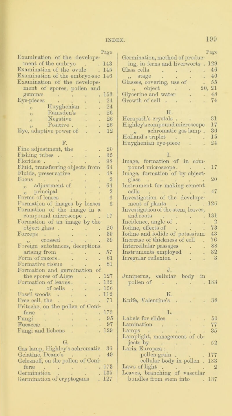 190 Page Examination of the develope- ment of the embryo . . 143 Examination of the ovule . 145 Examination of the embryo-sac 146 Examination of the develope- ment of spores, pollen and gemma) .... 153 Eye-pieces . . . .24 „ Huyghenian . .24 „ Eamsden’s . . 26 „ Negative . . 26 „ Positive . . .26 Eye, adaptive power of . .12 F. Fine adjustment, the Fishing tubes .... Floridea) ..... Fluid, transferring objects from Fluids, preservative Focus ..... ,, adjustment of „ princii^al Forms of lenses Fonnation of images by lenses Formation of the image in a Compound microscope . Formation of an image by the object glass .... Forceps „ crossed Foreign substances, deceptions arising from Fonn of razors.... Formative tissue Fomiation and germination of the siJores of Algsc Formation of leaves. „ of cells Fossil woods .... Free cell, the .... Fritsche, on the pollen of Coni- fera) ..... Fungi . . . . . Fucacesc . . . . . Fungi and lichens 20 35 98 64 48 2 64 2 6 6 17 20 39 39 57 61 81 127 132 156 112 71 173 95 97 129 G. Gas lamp, Highley’s achi’omatic 36 Gelatine, Deane’s . . .49 Geleznoff, on the pollen of Coni- feras . . . . .173 Germination . . . .135 Germination of cryptogams . 127 Page Germination, method of produc- ing, in I'erns and liverworts . 129 Glass cells . . . .46 „ stage . . . .40 Glasses, covering, use of . 55 „ object . . 20, 21 Glycerine and water . . 48 Growth of cell . . . .74 H. Herapath’s crystals . . .31 Highley’s compound microscope 17 „ achromatic gas lamp . 36 Holland’s ti’iplet . . .15 Huyghenian eye-piece . .24 I. Image, fonnation of in com- pound microscope. . .17 Image, formation of by object- glass 20 Instrument for making cement cells ..... 47 Investigation of the develope- ment of plants . . .126 Investigation of the stem, leaves, and roots . . . .131 Incidence, angle of . . .2 Iodine, effects of . . .73 Iodine and iodide of potassium 43 Increase of thickness of cell . 7 6 Intercellular passages . . 88 Instruments employed . . 32 Irregular reflexion ... 3 J. Juniperus, cellular body in pollen of . . . .183 K. Knife, Valentine’s . . .38 L. Labels for slides . . .50 Lamination . . . .77 Lamps . . . . .35 Lamplight, management of ob- jects by . . . .52 Lai’ix Europaca: pollen-grain . . .177 cellular body in poUen . 183 Laws of light .... 2 Leave.s, branching of vascular bundles from stem into . 137