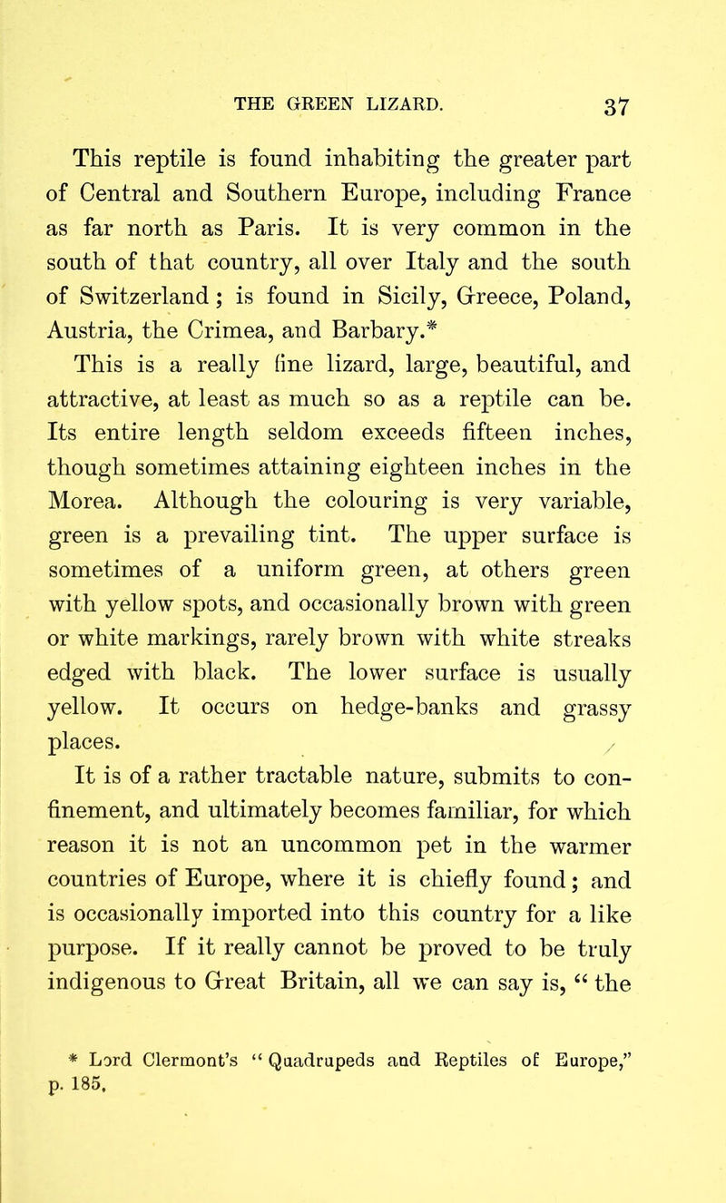 This reptile is found inhabiting the greater part of Central and Southern Europe, including France as far north as Paris. It is very common in the south of that country, all over Italy and the south of Switzerland; is found in Sicily, Greece, Poland, Austria, the Crimea, and Barbary.* This is a really fine lizard, large, beautiful, and attractive, at least as much so as a reptile can be. Its entire length seldom exceeds fifteen inches, though sometimes attaining eighteen inches in the Morea. Although the colouring is very variable, green is a prevailing tint. The upper surface is sometimes of a uniform green, at others green with yellow spots, and occasionally brown with green or white markings, rarely brown with white streaks edged with black. The lower surface is usually yellow. It occurs on hedge-banks and grassy places. It is of a rather tractable nature, submits to con- finement, and ultimately becomes familiar, for which reason it is not an uncommon pet in the warmer countries of Europe, where it is chiefly found; and is occasionally imported into this country for a like purpose. If it really cannot be proved to be truly indigenous to Great Britain, all we can say is, “ the * Lord Clermont’s “ Quadrupeds and Reptiles of Europe,” p. 185,