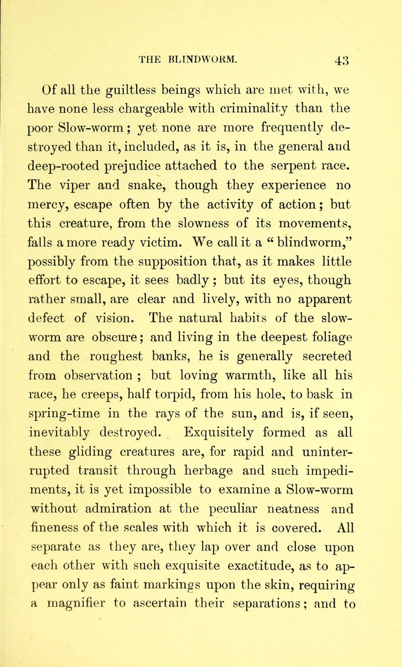 Of all the guiltless beings which are met with, we have none less chargeable with criminality than the poor Slow-worm; yet none are more frequently de- stroyed than it, included, as it is, in the general and deep-rooted prejudice attached to the serpent race. The viper and snake, though they experience no mercy, escape often by the activity of action; but this creature, from the slowness of its movements, falls a more ready victim. We call it a “ blindworm,” possibly from the supposition that, as it makes little effort to escape, it sees badly; but its eyes, though rather small, are clear and lively, with no apparent defect of vision. The natural habits of the slow- worm are obscure; and living in the deepest foliage and the roughest banks, he is generally secreted from observation ; but loving warmth, like all his race, he creeps, half torpid, from his hole, to bask in spring-time in the rays of the sun, and is, if seen, inevitably destroyed. . Exquisitely formed as all these gliding creatures are, for rapid and uninter- rupted transit through herbage and such impedi- ments, it is yet impossible to examine a Slow-worm without admiration at the peculiar neatness and fineness of the scales with which it is covered. All separate as they are, they lap over and close upon each other with such exquisite exactitude, as to ap- pear only as faint markings upon the skin, requiring a magnifier to ascertain their separations; and to
