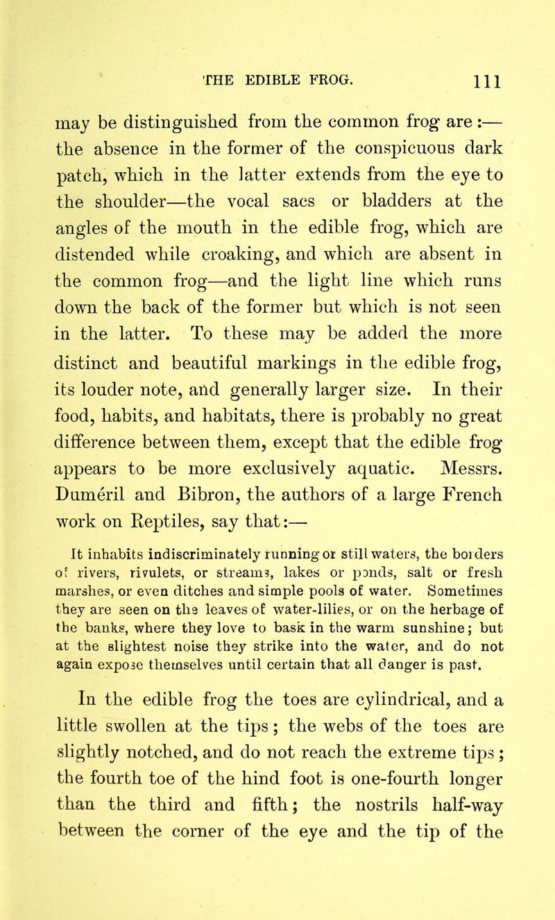 may be distinguished from the common frog are :— the absence in the former of the conspicuous dark patch, which in the latter extends from the eye to the shoulder—the vocal sacs or bladders at the angles of the mouth in the edible frog, which are distended while croaking, and which are absent in the common frog—and the light line which runs down the back of the former but which is not seen in the latter. To these may be added the more distinct and beautiful markings in the edible frog, its louder note, and generally larger size. In their food, habits, and habitats, there is probably no great difference between them, except that the edible frog appears to be more exclusively aquatic. Messrs. Dumeril and Bibron, the authors of a large French work on Reptiles, say that:— It inhabits indiscriminately running or still waters, the borders ot rivers, rivulets, or streams, lakes or ponds, salt or fresh marshes, or even ditches and simple pools of water. Sometimes they are seen on the leaves of water-lilies, or on the herbage of the banks, where they love to bask in the warm sunshine; but at the slightest noise they strike into the water, and do not again expose themselves until certain that all danger is past. In the edible frog the toes are cylindrical, and a little swollen at the tips; the webs of the toes are slightly notched, and do not reach the extreme tips ; the fourth toe of the hind foot is one-fourth longer than the third and fifth; the nostrils half-way between the corner of the eye and the tip of the