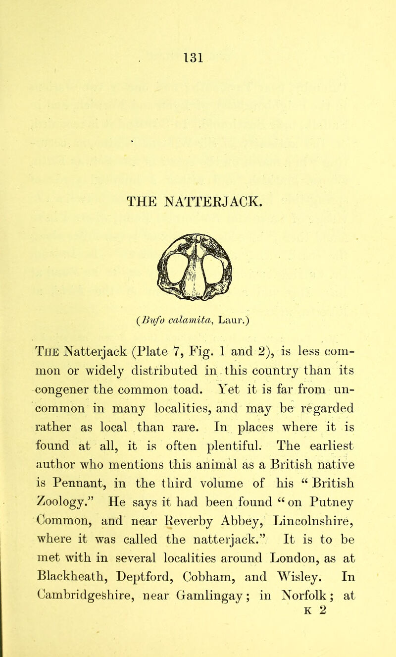 THE NATTERJACK. (Bufo calamita, Laur.) The Natterjack (Plate 7, Fig. 1 and 2), is less com- mon or widely distributed in this country than its congener the common toad. Yet it is far from un- common in many localities, and may be regarded rather as local than rare. In places where it is found at all, it is often plentiful. The earliest author who mentions this animal as a British native is Pennant, in the third volume of his “ British Zoology.” He says it had been found “ on Putney Common, and near Reverby Abbey, Lincolnshire, where it was called the natterjack.” It is to be met with in several localities around London, as at Blackheath, Deptford, Cobham, and Wisley. In Cambridgeshire, near Gamlingay; in Norfolk; at K 2