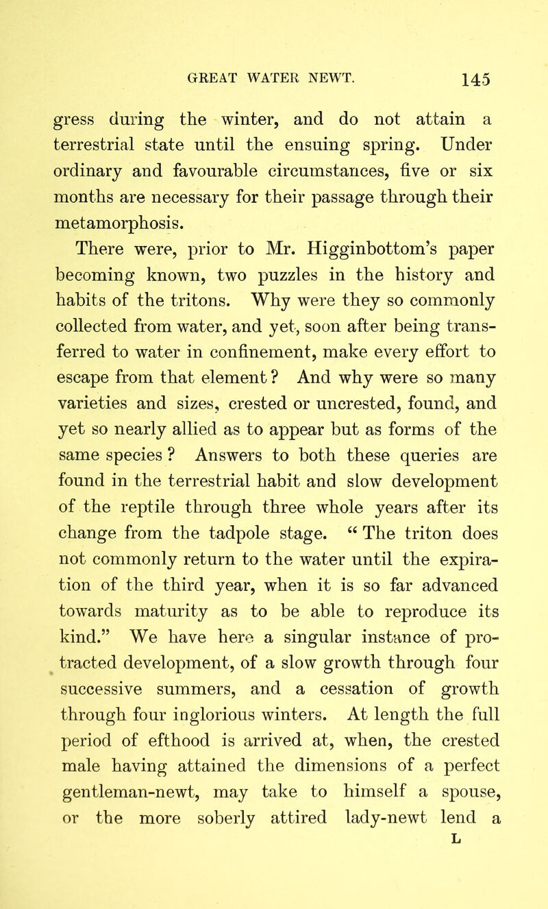 gress during the winter, and do not attain a terrestrial state until the ensuing spring. Under ordinary and favourable circumstances, five or six months are necessary for their passage through their metamorphosis. There were, prior to Mr. Higginbottom’s paper becoming known, two puzzles in the history and habits of the tritons. Why were they so commonly collected from water, and yet, soon after being trans- ferred to water in confinement, make every effort to escape from that element ? And why were so many varieties and sizes, crested or uncrested, found, and yet so nearly allied as to appear but as forms of the same species ? Answers to both these queries are found in the terrestrial habit and slow development of the reptile through three whole years after its change from the tadpole stage. “ The triton does not commonly return to the water until the expira- tion of the third year, when it is so far advanced towards maturity as to be able to reproduce its kind.” We have here a singular instance of pro- tracted development, of a slow growth through four successive summers, and a cessation of growth through four inglorious winters. At length the full period of efthood is arrived at, when, the crested male having attained the dimensions of a perfect gentleman-newt, may take to himself a spouse, or the more soberly attired lady-newt lend a L