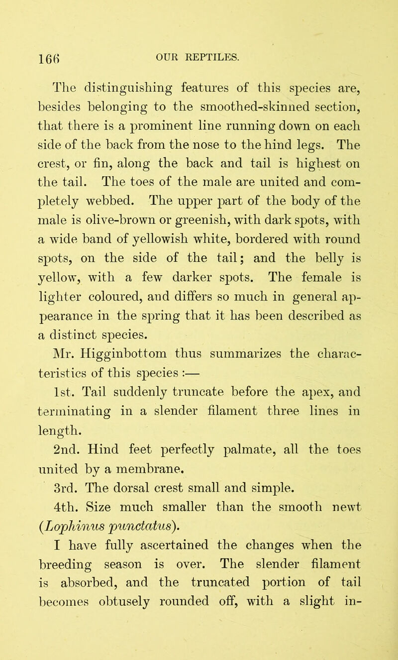 The distinguishing features of this species are, besides belonging to the smoothed-skinned section, that there is a prominent line running down on each side of the back from the nose to the hind legs. The crest, or fin, along the back and tail is highest on the tail. The toes of the male are united and com- pletely webbed. The upper part of the body of the male is olive-brown or greenish, with dark spots, with a wide band of yellowish white, bordered with round spots, on the side of the tail; and the belly is yellow, with a few darker spots. The female is lighter coloured, and differs so much in general ap- pearance in the spring that it has been described as a distinct species. Mr. Higginbottom thus summarizes the charac- teristics of this species :— 1st. Tail suddenly truncate before the apex, and terminating in a slender filament three lines in length. 2nd. Hind feet perfectly palmate, all the toes united by a membrane. 3rd. The dorsal crest small and simple. 4th. Size much smaller than the smooth newt (Lophinus punctatus). I have fully ascertained the changes when the breeding season is over. The slender filament is absorbed, and the truncated portion of tail becomes obtusely rounded off, with a slight in-