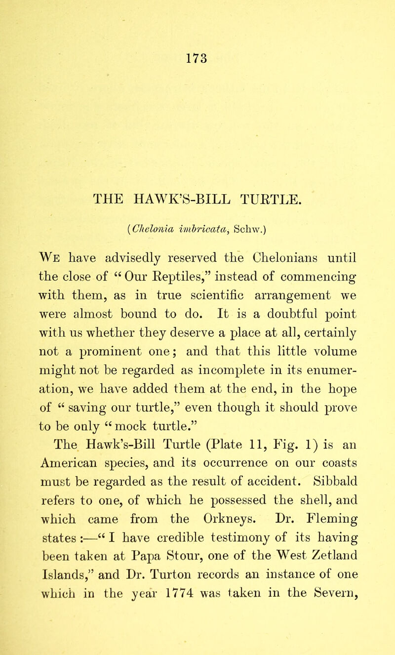 THE HAWK’S-BILL TURTLE. (Clielonia imbricata, Schw.) We have advisedly reserved the Chelonians until the close of “Our Reptiles,” instead of commencing with them, as in true scientific arrangement we were almost bound to do. It is a doubtful point with us whether they deserve a place at all, certainly not a prominent one; and that this little volume might not be regarded as incomplete in its enumer- ation, we have added them at the end, in the hope of “ saving our turtle,” even though it should prove to be only “ mock turtle.” The Hawk’s-Bill Turtle (Plate 11, Fig. 1) is an American species, and its occurrence on our coasts must be regarded as the result of accident. Sibbald refers to one, of which he possessed the shell, and which came from the Orkneys. Dr. Fleming states :—“ I have credible testimony of its having been taken at Papa Stour, one of the West Zetland Islands,” and Dr. Turton records an instance of one which in the year 1774 was taken in the Severn,