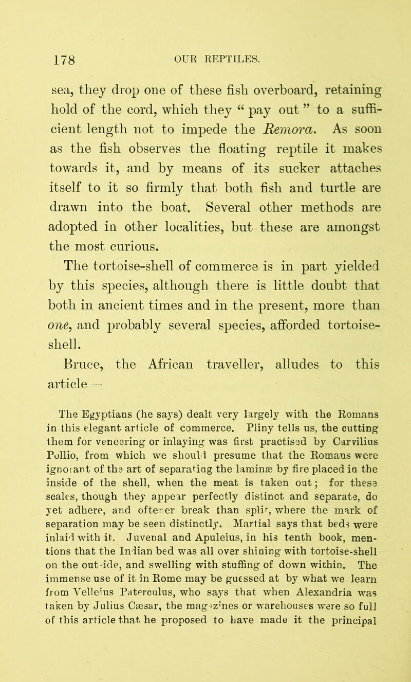 sea, they drop one of these fish overboard, retaining hold of the cord, which they “ pay out ” to a suffi- cient length not to impede the Remora. As soon as the fish observes the floating reptile it makes towards it, and by means of its sucker attaches itself to it so firmly that both fish and turtle are drawn into the boat. Several other methods are adopted in other localities, but these are amongst the most curious. The tortoise-shell of commerce is in part yielded by this species, although there is little doubt that both in ancient times and in the present, more than one, and probably several species, afforded tortoise- shell. Bruce, the African traveller, alludes to this article— The Egyptians (he says) dealt very largely with the Romans in this elegant article of commerce. Pliny tells us, the cutting them for veneering or inlaying was first practised by Carvilius Pollio, from which we should presume that the Romans were ignorant of the art of separating the laminae by fire placed in the inside of the shell, when the meat is taken out; for these scales, though they appear perfectly distinct and separate, do yet adhere, and oftener break than splir, where the mark of separation may be seen distinctly. Martial says that beds were inlaid with it. Juvenal and Apuleius, in his tenth book, men- tions that the Indian bed was all over shining with tortoise-shell on the out-ide, and swelling with stuffing of down within. The immense use of it in Rome may be guessed at by what we learn from Velleius Paterculus, who says that when Alexandria was taken by Julius Cassar, the mag^zmes or warehouses were so full of this article that he proposed to have made it the principal