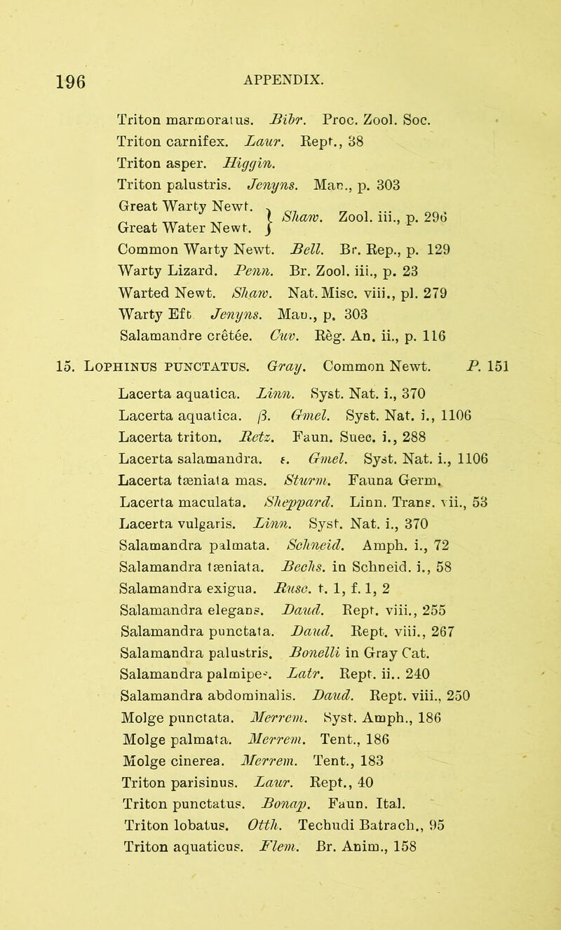 Triton marmoratus. Bibr. Proc. Zool. Soc. Triton carnifex. Laur. Rept., 38 Triton asper. Higgin. Triton palustris. Great Warty Newt. Great Water Newt, j Common Warty Newt. Warty Lizard. Penn. Warted Newt. Shaw. Man., p. 303 Shaw. Zool. iii., p. 296 Bell. Br. Rep., p. 129 Br. Zool. iii., p. 23 Nat. Misc. viii., pi. 279 Warty Eft Jenyns. Man., p. 303 Salamandre cretee. Cuv. Reg. An. ii., p. 116 15. Lophinus punctatus. Gray. Common Newt. P. 151 Lacerta aquatica. Linn. Syst. Nat. i., 370 Lacerta aquatica. [3. Gmel. Syst. Nat. i., 1106 Lacerta triton. Betz. Faun. Suec. i., 288 Lacerta salamandra. e. Gmel. Syst. Nat. i., 1106 Lacerta tseniata mas. Sturm. Fauna Germ. Lacerta maculata. Sheppard. Linn. Trans, vii., 53 Lacerta vulgaris. Linn. Syst. Nat. i., 370 Salamandra palmata. Schneid. Amph. i., 72 Salamandra taeniata. Bechs. in Schneid. i., 58 Salamandra exigua. Ruse. t. 1, f. 1, 2 Salamandra elegans. Baud. Rept. viii., 255 Salamandra punctata. Baud. Rept. viii., 267 Salamandra palustris. Bonelli in Gray Cat. Salamandra palmipe-\ Latr. Rept. ii.. 240 Salamandra abdominalis. Baud. Rept. viii., 250 Molge punctata. Merrem. Syst. Amph., 186 Molge palmata. Merrem. Tent., 186 Molge cinerea. Merrem. Tent., 183 Triton parisinus. Laur. Rept., 40 Triton punctatus. Bonap. Faun. Ital. Triton lobatus. Otth. Techudi Batrach., 95 Triton aquaticus. Flem. Br. Anim., 158