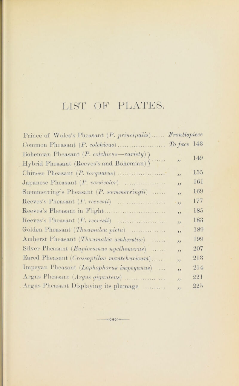 LIST OF PLATES. Prince of Wales’s Pheasant (P. principalis) Frontispiece Common Pheasant (P. colchicus) To face 143 Bohemian Pheasant (P. colchicus—variety) ^ ^ Hybrid Pheasant (Reeves’s and Bohemian) ) Chinese Pheasant (P. tovquatus) ,, loo Japanese Pheasant (P. versicolor) „ 161 Soeminerring’s Pheasant (P. scemmerringii) „ 169 Reeves’s Pheasant (P. reevesii) ,, 177 Reeves’s Pheasant in Flight ,, 185 Reeves’s Pheasant (P. reevesii) „ 183 Golden Pheasant (Thaumalea picta) ,, 189 Amherst Pheasant (Thaumalea, amherstice) „ 199 Silver Pheasant (PJuplocamus nycthemerus) „ 207 Eared Pheasant (Crossoptilon viantchuricum) „ 213 Impeyan Pheasant {.Lophophorus impeyanns) ... ,, 214 Argus Pheasant [Argus giganteus) ,, 221 Argus Pheasant Displaying its plumage „ 225