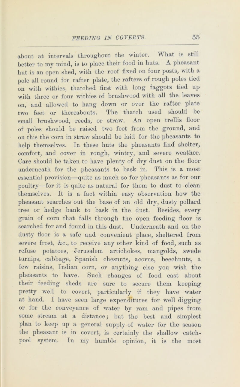 about at intervals throughout the winter. What is still better to my mind, is to place their food in huts. A pheasant hut is an open shed, with the roof fixed on four posts, with a pole all round for rafter plate, the rafters of rough poles tied on with withies, thatched first with long faggots tied up with three or four withies of brushwood with all the leaves on, and allowed to hang down or over the rafter plate two feet or thereabouts. The thatch used should be small brushwood, reeds, or straw. An open trellis floor of poles should be raised two feet from the ground, and on this the corn in straw should be laid for the pheasants to help themselves. In these huts the pheasants find shelter, comfort, and cover in rough, wintry, and severe weather. Care should be taken to have plenty of dry dust on the floor underneath for the pheasants to bask in. This is a most essential provision—quite as much so for pheasants as for our poultry—for it is quite as natural for them to dust to clean themselves. It is a fact within easy observation how the pheasant searches out the base of an old dry, dusty pollard tree or hedge bank to bask in the dust. Besides, every grain of corn that falls through the open feeding floor is searched for and found in this dust. Underneath and on the dusty floor is a safe and convenient place, sheltered from severe frost, &c., to receive any other kind of food, such as refuse potatoes, Jerusalem artichokes, mangolds, swede turnips, cabbage, Spanish chesnuts, acorns, beechnuts, a few raisins, Indian corn, or anything else you wish the pheasants to have. Such changes of food cast about their feeding sheds are sure to secure them keeping pretty well to covert, particularly if they have water at hand. I have seen large expenditures for well digging or for the conveyance of water by ram and pipes from some stream at a distance; but the best and simplest plan to keep up a general supply of water for the season the pheasant is in covert, is certainly the shallow catch- pool system. In my humble opinion, it is the most