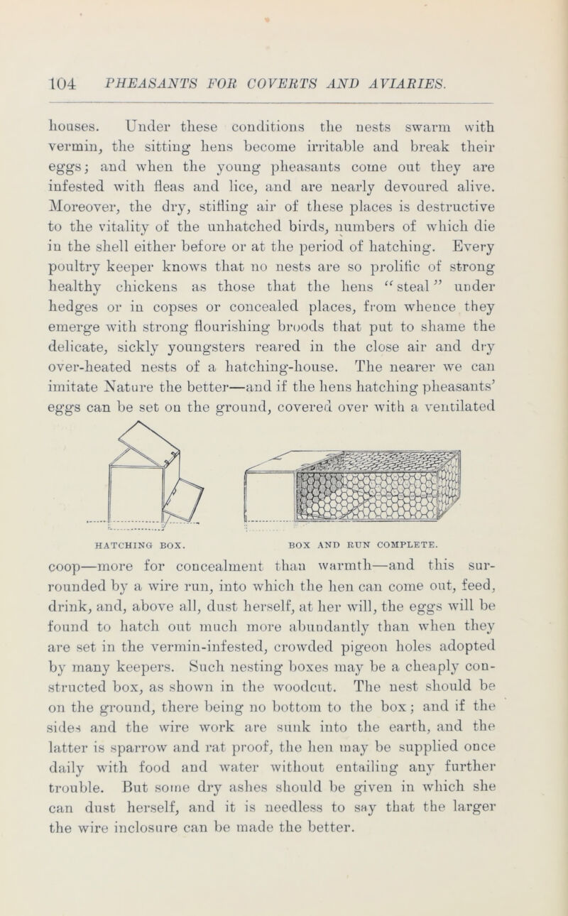 houses. Under these conditions the nests swarm with vermin, the sitting hens become irritable and break their eggs; and when the young pheasants come out they are infested with fleas and lice, and are nearly devoured alive. Moreover, the dry, stifling air of these places is destructive to the vitality of the unhatched birds, numbers of which die in the shell either before or at the period of hatching. Every poultry keeper knows that no nests are so prolific of strong healthy chickens as those that the hens “ steal ” under hedges or in copses or concealed places, from whence they emerge with strong flourishing broods that put to shame the delicate, sickly youngsters reared in the close air and dry over-heated nests of a hatching-house. The nearer we can imitate Nature the better—and if the hens hatching pheasants’ eggs can be set on the ground, covered over with a ventilated HATCHING BOX. BOX AND RUN COMPLETE. coop—more for concealment than warmth—and this sur- rounded by a wire run, into which the hen can come out, feed, drink, and, above all, dust herself, at her will, the eggs will be found to hatch out much more abundantly than when they are set in the vermin-infested, crowded pigeon holes adopted by many keepers. Such nesting boxes may be a cheaply con- structed box, as shown in the woodcut. The nest should be on the ground, there being no bottom to the box; and if the sides and the wire work are sunk into the earth, and the latter is sparrow and rat proof, the hen may be supplied once daily with food and water without entailing any further trouble. But some dry ashes should be given in which she can dust herself, and it is needless to say that the larger the wire inclosure can be made the better.