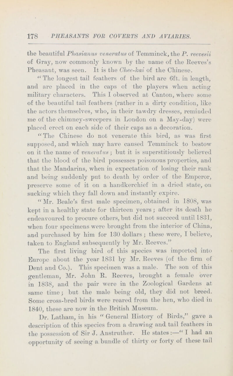 tlie beautiful Phasianus veneratus of Temminck, tlie P. reevesii of Gray, now commonly known by the name of tlie Reeves’s Pheasant, was seen. It is the Ghee-hai of the Chinese. “ The longest tail feathers of the bird are 6ft. in length, and are placed in the caps of the players when acting military characters. This I observed at Canton, where some of the beautiful tail feathers (rather in a dirty condition, like the actors themselves, who, iu their tawdry dresses, reminded me of the chimney-sweepers in London on a May-day) were placed erect on each side of their caps as a decoration. “ The Chinese do not venerate this bird, as was first supposed, and which may have caused Temminck to bestow on it the name of veneratus; but it is superstitiously believed that the blood of the bird possesses poisonous properties, and that the Mandarins, when in expectation of losing their rank and being suddenly put to death by order of the Emperor, preserve some of it on a handkerchief in a dried state, on sucking which they fall down and instantly expire. “Mr. Beale’s first male specimen, obtained in 1808, was kept in a healthy state for thirteen years; after its death he endeavoured to procure others, but did not succeed until 1831, when four specimens were brought from the interior of China, and purchased by him for 130 dollars ; these were, I believe, taken to England subsequently by Mr. Reeves.” The first living bird of this species was imported into Europe about the year 1831 by Mr. Reeves (of the firm of Dent and Co.). This specimen was a male. The son of this gentleman, Mr. John R. Reeves, brought a female over in 1838, and the pair were in the Zoological Gardens at same time; but the male being old, they did not breed. Some cross-bred birds were reared from the hen, who died in 1840, these are now in the British Museum. Dr. Latham, in his “ General History of Birds,” gave a description of this species from a drawing and tail feathers iu the possession of Sir J. Anstruther. He states :—“ I had an opportunity of seeing a bundle of thirty or forty of these tail