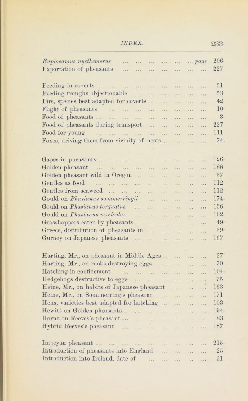 O r> Euplocamus nycthemerus ...page 206 Exportation of pheasants 227 Feeding in coverts 51 Feeding-troughs objectionable 53 Firs, species best adapted for coverts 42 Flight of pheasants 10 Food of pheasants 3 Food of pheasants during transport 227 Food for young 111 Foxes, driving them from vicinity of nests 74 Grapes in pheasants 126 Golden pheasant 188 Golden jdieasant wild in Oregon 37 Gentles as food 112 Gentles from seaweed 112 Gould on Phasianus scemmerringii 174 Gould on Phasianus torquatus • • « • • • 156 Gould on Phasianus versicolor 162 Grasshoppers eaten by pheasants 49 Greece, distribution of pheasants in 39 Gurney on Japanese pheasants 167 Harting, Mr., on pheasant in Middle Ages 27 Harting, Mr., on rooks destroying eggs 70 Hatching in confinement 104 Hedgehogs destructive to eggs 75 Heine, Mr., on habits of Japanese pheasant 163 Heine, Mr., on Soemmerring’s pheasant 171 Hens, varieties best adapted for hatching 103 Hewitt on Golden pheasants 194 Horne on Reeves’s pheasant 183 Hybrid Reeves’s pheasant 187 Impeyan pheasant 215 Introduction of pheasants into England 25 Introduction into Ireland, date of 31