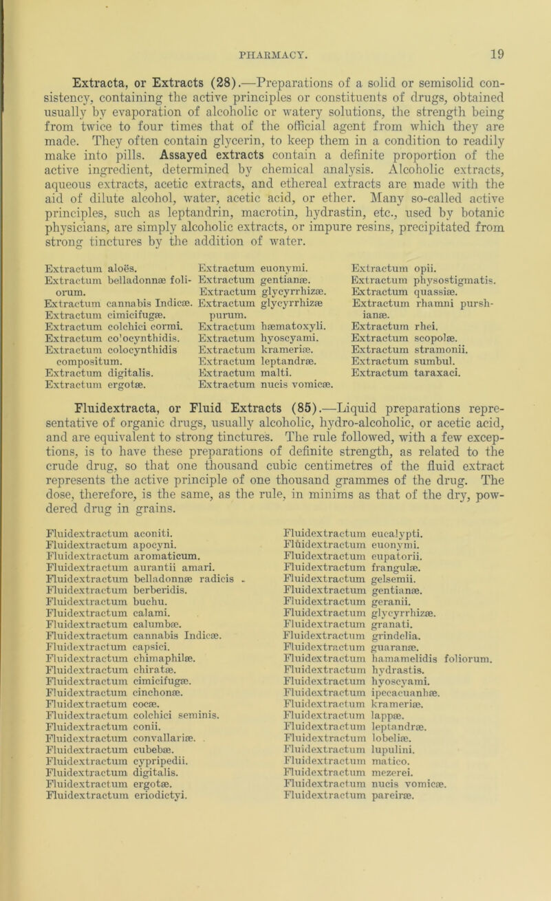 Extracta, or Extracts (28).—Preparations of a solid or semisolid con- sistency, containing the active principles or constituents of drugs, obtained usually by evaporation of alcoholic or watery solutions, the strength being from twice to four times that of the official agent from which they are made. They often contain glycerin, to keep them in a condition to readily make into pills. Assayed extracts contain a definite proportion of the active ingredient, determined by chemical analysis. Alcoholic extracts, aqueous extracts, acetic extracts, and ethereal extracts are made with the aid of dilute alcohol, water, acetic acid, or ether. Many so-called active principles, such as leptandrin, macrotin, hydrastin, etc., used by botanic physicians, are simply alcoholic extracts, or impure resins, precipitated from strong tinctures by the addition of water. Extraetura aloes. Extractum belladonnae foli- ox’um. Extractum cannabis Indicaj. Extractum cimicifugse. Extractum colchici cormi. Extractum co’ocynthidis. Extractum eolocynthidis compositum. Extractum digitalis. Extractum ergotse. Extractum euonymi. Extractum gentianae. Extractum glycyrrhizae. Extractum glycyrrhizae purum. Extractum haematoxyli. Extractum hyoscyami. Extractum krameriae. Extractum leptandrae. Extractum malti. Extractum nucis vomicae. Extractum opii. Extractum physostigmatis. Extractum quassiae. Extractxim rhamni pursh- ianae. Extractum rhei. Extractum scopolae. Extractum stramonii. Extractum sumbul. Extractum taraxaci. Fluidextracta, or Fluid Extracts (85).—Liquid preparations repre- sentative of organic drugs, usually alcoholic, hydro-alcoholic, or acetic acid, and are equivalent to strong tinctures. The rule followed, with a few excep- tions, is to have these preparations of definite strength, as related to the crude drug, so that one thousand cubic centimetres of the fluid extract represents the active principle of one thousand grammes of the drug. The dose, therefore, is the same, as the dered drug in grains. Fluidextractum aconiti. Fluidextractum apocyni. Fluidextractum aromaticum. Fluidextractum aurantii amari. Fluidextractum belladonnge radicis . Fluidextractum berberidis. Fluidextractum buchu. Fluidextractum calami. Fluidextractum calumbse. Fluidextractum cannabis Indicse. Fluidextractum capsici. Fluidextractum chimaphilee. Fluidextractum chiratse. Fluidextractum cimicifugse. Fluidextractum cinchonse. Fluidexti-actum cocse. Fluidextractum colchici seminis. Fluidextractum conii. Fluidextractum convallarite. . Fluidextractum cubebse. Fluidextractum cypripedii. Fluidextractum digitalis. Fluidextractum ergotae. Fluidextractum eriodictyi. ‘, in minims as that of the dry, pow- Fluidextractum eucalypti. Fluidextractum euonymi. Fluidextractum eupatorii. Fluidextractum frangulae. Fluidextractum gelsemii. Fluidextractum gentianae. Fluidextractum geranii. Fluidextractum glycyrrhizae. Fluidextractum gi-anati. Fluidextractum grindclia. Fluidextractum guaranae. Fluidextractum hamamelidis foliorum. Fluidextractum hydrastis. Fluidextractum hyoscyami. Fluidextractum ipecacuanhae. Fluidextractum krameriae. Fluidextractum lappae. Fluidextractum leptandrae. Fluidextractum lobeliae. Fluidexti-actum lupulini. Fluidextractum matico. Fluidextractum mezerei. Fluidextractum nucis vomicae. Fluidextractum pareirae.