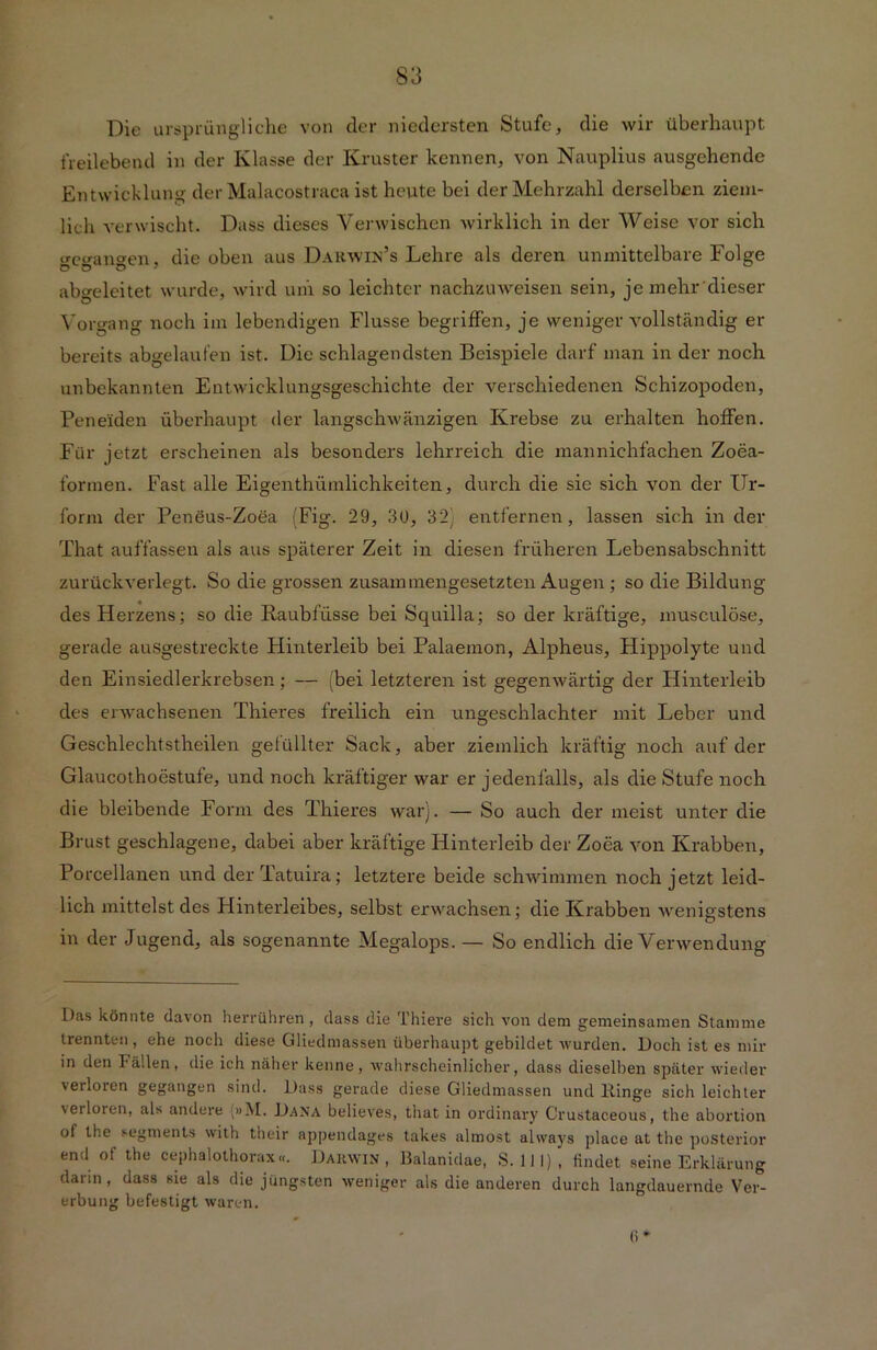 Die ursprüngliche von der niedersten Stufe, die wir überhaupt freilebend in der Klasse der Kruster kennen, von Nauplius ausgehende Entwicklung der Malacostraca ist heute bei der Mehrzahl derselben ziem- lich verwischt. Dass dieses Verwischen wirklich in der Weise vor sich o-ejranoen, die oben aus Darwin’s Lehre als deren unmittelbare Folge abo-eleitet wurde, wird um so leichter nachzuweisen sein, je mehr dieser Vorgang noch im lebendigen Flusse begriffen, je weniger vollständig er bereits abgelaufen ist. Die schlagendsten Beispiele darf man in der noch unbekannten Entwicklungsgeschichte der verschiedenen Schizopoden, Peneiden überhaupt der langschwänzigen Krebse zu erhalten hoffen. Für jetzt erscheinen als besonders lehrreich die mannichfachen Zoea- fonnen. Fast alle Eigenthümlichkeiten, durch die sie sich von der Ur- form der Peneus-Zoea (Fig. 29, 30, 32’ entfernen, lassen sich in der That auffassen als aus späterer Zeit in diesen früheren Lebensabschnitt zurückverlegt. So die grossen zusammengesetzten Augen ; so die Bildung des Herzens; so die Raubfüsse bei Squilla; so der kräftige, musculöse, gerade ausgestreckte Hinterleib bei Palaemon, Alpheus, Hippolyte und den Einsiedlerkrebsen; — (bei letzteren ist gegenwärtig der Hinterleib des erwachsenen Thieres freilich ein ungeschlachter mit Leber und Geschlechtstheilen gekillter Sack, aber ziemlich kräftig noch auf der Glaucothoestufe, und noch kräftiger war er jedenfalls, als die Stufe noch die bleibende Form des Thieres war). — So auch der meist unter die Brust geschlagene, dabei aber kräftige Hinterleib der Zoea von Krabben, Porcellanen und der Tatuira; letztere beide schwimmen noch jetzt leid- lich mittelst des Hinterleibes, selbst erwachsen; die Krabben wenigstens in der Jugend, als sogenannte Megalops.— So endlich die Verwendung Das könnte davon herrühren, dass die Thiere sich von dem gemeinsamen Stamme trennten, ehe noch diese Gliedmassen überhaupt gebildet wurden. Doch ist es mir in den I'allen, die ich näher kenne, wahrscheinlicher, dass dieselben später wieder verloren gegangen sind. Dass gerade diese Gliedmassen und Ringe sich leichter \eiloren, als andere (»M. Dana believes, that in ordinary Crustaceous, the abortion of the segments with their appendages takes almost always place at the posterior end of the cephalothorax«. Darwin , Balanidae, S. 111) , findet seine Erklärung darin, dass sie als die jüngsten weniger als die anderen durch langdauernde Ver- erbung befestigt waren. 6*