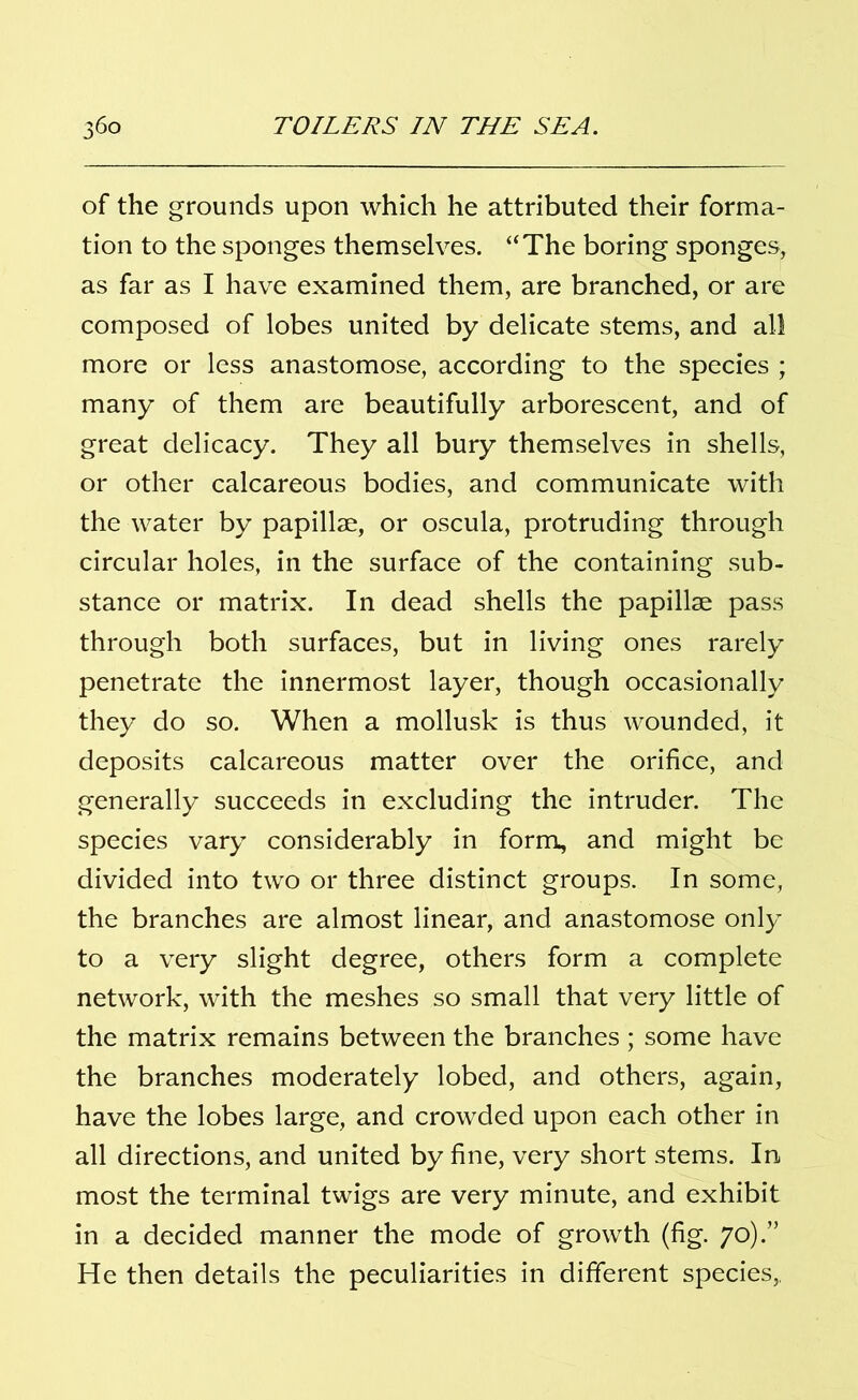 of the grounds upon which he attributed their forma- tion to the sponges themselves. “The boring sponges, as far as I have examined them, are branched, or are composed of lobes united by delicate stems, and all more or less anastomose, according to the species ; many of them are beautifully arborescent, and of great delicacy. They all bury themselves in shells, or other calcareous bodies, and communicate with the water by papillae, or oscula, protruding through circular holes, in the surface of the containing sub- stance or matrix. In dead shells the papillae pass through both surfaces, but in living ones rarely penetrate the innermost layer, though occasionally they do so. When a mollusk is thus wounded, it deposits calcareous matter over the orifice, and generally succeeds in excluding the intruder. The species vary considerably in form, and might be divided into two or three distinct groups. In some, the branches are almost linear, and anastomose only to a very slight degree, others form a complete network, with the meshes so small that very little of the matrix remains between the branches ; some have the branches moderately lobed, and others, again, have the lobes large, and crowded upon each other in all directions, and united by fine, very short stems. In most the terminal twigs are very minute, and exhibit in a decided manner the mode of growth (fig. 70).” He then details the peculiarities in different species,,
