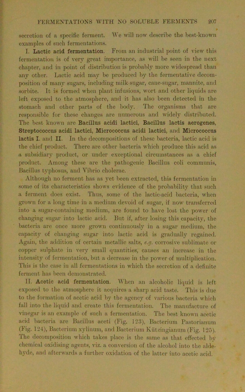 secretion of a specific ferment, ^^’’e will now describe the liest-knoM’ii examples of such fermentations. I. Lactic acid fermentation. From an industrial point of view this fermentation is of very great importance, as will be .seen in the next chapter, and in point of distribution is proliably more widesiiread than any other. J^actic acid may be produced by the fermentative decom- position of many sugars, including milk-sugar, cane-sugar, mannite, and •sorbite. It is formed when plant infusions, wort and other liquids are left exposed to the atmosphere, and it has also been detected in the stomach and other parts of the body. The organisms that are responsible for these changes are numerous and Avidely distributed. The best known are Bacillus acidi lactici, Bacillus lactis aerogenes, Streptococcus acidi lactici. Micrococcus acidi lactici, and Micrococcus lactis I. and II. In the decompositions of these bacteria, lactic acid is the chief product. Thei’c are other bacteria which produce this acid as a subsidiary product, or under exceptional circumstances as a chief product. Among these are the pathogenic Bacillus coli communis, Bacillus typhosu.s, and Vibrio cholerae. Although no ferment has as yet been extracted, this fermentation in some of its characteristics shows evidence of the probabilit}’’ that such a ferment does exist. Thus, some of the lactic-acid liacteria, when groAvn for a long time in a medium devoid of sugar, if now transferred into a sugar-containing medium, are found to have lost the power of changing sugar into lactic acid. But if, after losing this capacity, the bacteri.'i arc once more grown continuou.sly in a sugar medium, the capacity of changing .sugar into lactic acid is gradually regained. Again, the addition of certain metallic salts, c.g. corro.sive sublimate or copper sulphate in very small (piantities, causes an increase in the inten.sity of fermentation, but a decrease in the power of multiplication. This is the ca.se in all fermentations in which the secretion of a definite ferment has been demonstrated. II. Acetic acid fermentation. AVhen an alcoholic liijuid is left exposed to the atmosphere it acquires a sharp acid ta.ste. This is due to the formation of acetic acid by the agency of various bacteria which fall into the liquid and create this fermentation. The manufacture of vinegai' is an example of .such a fermentation. The liest known acetic acid bacteria arc Bacillus aceti (Fig. 1'2:5), Bacterium Fastorianum (Fig. 12-1), Bacterium xylinum, and Bacterium Kiitzingianum (Fig. 12b). The decomposition Avhicli takes place is the same as that cllected liy chemical oxidising agents, viz. a conversion of the alcohol into the alde- hjale, and afterwards a further oxidation of the latter into acetic acid.