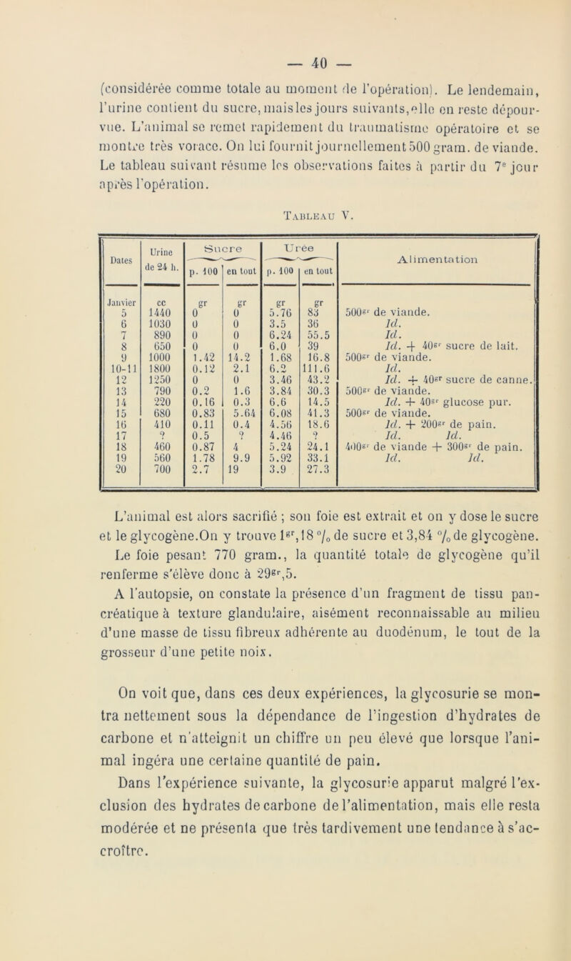 (considérée comme totale au moment de l’opération). Le lendemain, l’urine contient du sucre, mais les jours suivants,elle on reste dépour- vue. L’animal se remet rapidement du traumatisine opératoire et se montre très vorace. On lui fournitJournellement500gram. de viande. Le tableau suivant résume les observations faites à partir du 7® jour après l’opération. Tableau V. Dates Urine de 24 h. Su p. 100 cre en tout Ur p. 100 ée en tout Alimentation Janvier cc gr gr gr gr 5 1440 0 0 5.70 83 500s‘ de viande. 6 1030 0 0 3.5 30 Ici. 7 890 0 0 6.24 55.5 Ici. 8 050 0 0 6.0 39 Ici. 4 'ids*' sucre de lait. y 1000 1.42 14.2 1.68 10.8 500e‘’ de viande. 10-11 1800 0.12 2.1 6.2 111.6 Ici. 12 1250 0 0 3.46 43.2 Ici. 4 sucre de canne. 13 790 0.2 1.6 3.84 30.3 5008*' de viande. 14 220 0.16 0.3 6.6 14.5 Ici. 4 40s‘- glucose pur. 15 080 0.83 5.04 6.08 41.3 5008*' de viande. 10 410 0.11 0.4 4.50 18.6 Ici. 4 2008‘’ de pain. 17 9 0.5 ? 4.40 9 Ici. Ici. 18 400 0.87 4 5.24 24.1 4008‘- de viande 4 3008'- de pain. 19 560 1.78 9.9 5.92 33.1 Ici. kl. 20 700 2.7 19 3.9 27.3 L’animal est alors sacrifié ; son foie est extrait et on y dose le sucre et le glycogène.On y trouve 18 ”/o de sucre et 3,84 % de glycogène. Le foie pesant 770 gram., la quantité totale de glycogène qu’il renferme s'élève donc à 298'-,5. A l’autopsie, on constate la présence d’un fragment de tissu pan- créatique à texture glandulaire, aisément reconnaissable au milieu d’une masse de tissu fibreux adhérente au duodénum, le tout de la grosseur d’une petite noix. On voit que, dans ces deux expériences, la glycosurie se mon- tra nettement sous la dépendance de l’ingestion d’hydrates de carbone et n’atteignit un chiffre un peu élevé que lorsque l’ani- mal ingéra une cerlaine quantité de pain. Dans l’expérience suivante, la glycosurie apparut malgré l'ex- clusion des hydrates de carbone de l’alimentation, mais elle resta modérée et ne présenta que très tardivement une tendance à s’ac- croître.