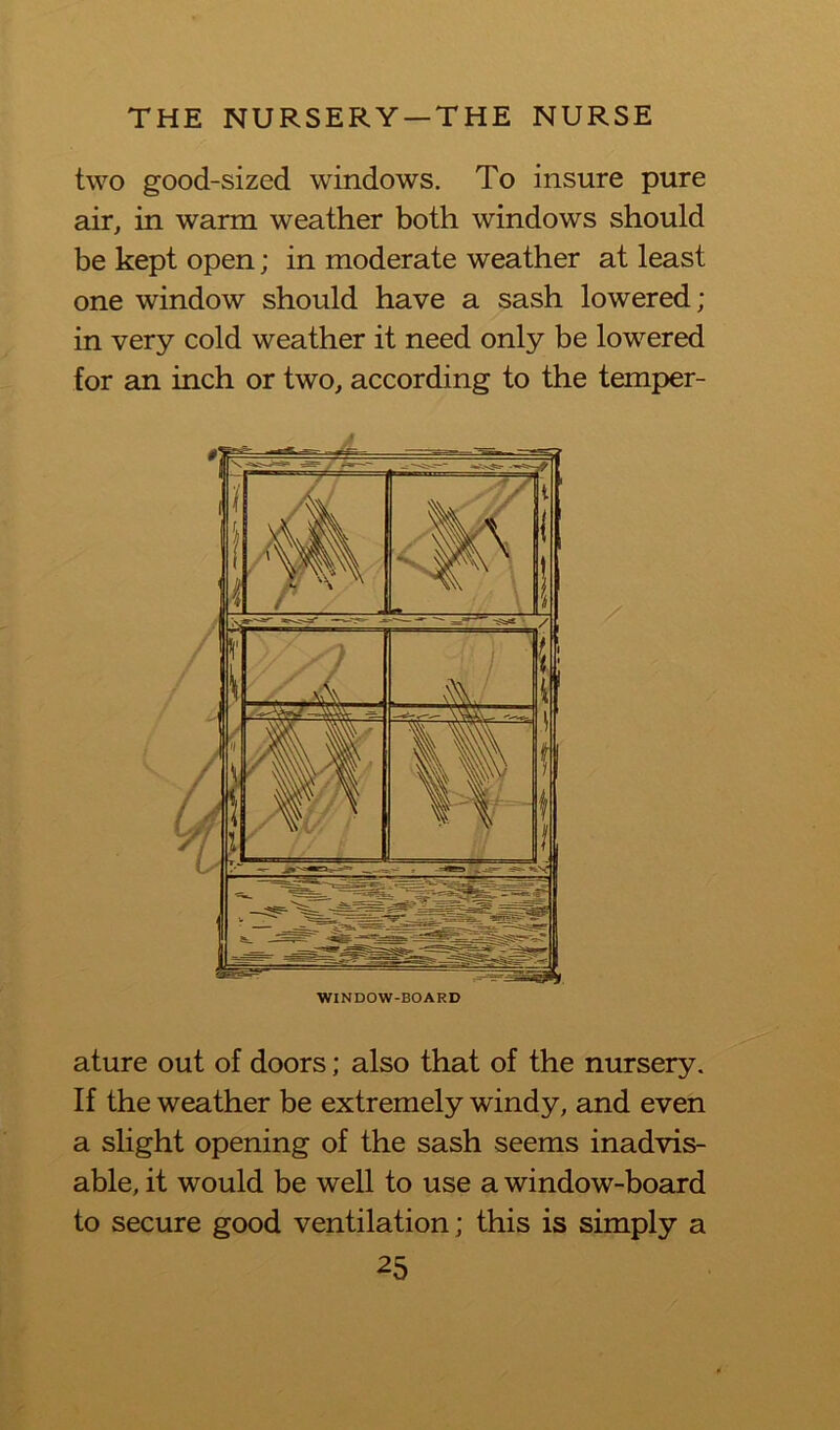 two good-sized windows. To insure pure air, in warm weather both windows should be kept open; in moderate weather at least one window should have a sash lowered; in very cold weather it need only be lowered for an inch or two, according to the temper- WINDOW-BOARD ature out of doors; also that of the nursery. If the weather be extremely windy, and even a slight opening of the sash seems inadvis- able, it would be well to use a window-board to secure good ventilation; this is simply a