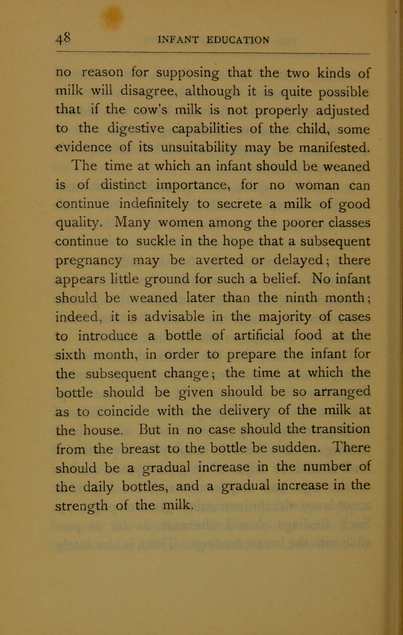 no reason for supposing that the two kinds of milk will disagree, although it is quite possible that if the cow’s milk is not properly adjusted to the digestive capabilities of the child, some evidence of its unsuitability may be manifested. The time at which an infant should be weaned is of distinct importance, for no woman can continue indefinitely to secrete a milk of good quality. Many women among the poorer classes continue to suckle in the hope that a subsequent pregnancy may be averted or delayed; there appears little ground for such a belief. No infant should be weaned later than the ninth month; indeed, it is advisable in the majority of cases to introduce a bottle of artificial food at the sixth month, in order to prepare the infant for the subsequent change; the time at which the bottle should be given should be so arranged as to coincide with the delivery of the milk at the house. But in no case should the transition from the breast to the bottle be sudden. There should be a gradual increase in the number of the daily bottles, and a gradual increase in the strength of the milk.