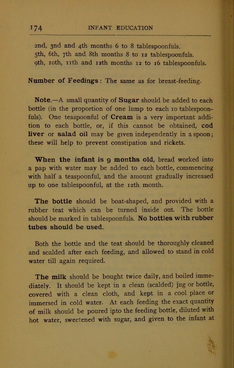 2nd, 3nd and 4th months 6 to 8 tablespoonfuls. 5th, 6th, 7th and 8th months 8 to 12 tablespoonfuls. 9th, 10th, nth and 12th months 12 to 16 tablespoonfuls. Number of Feedings: The same as for breast-feeding. Note.—A small quantity of Sugar should be added to each bottle (in the proportion of one lump to each xo tablespoon- fuls). One teaspoonful of Cream is a very important addi- tion to each bottle, or, if this cannot be obtained, cod liver or salad oil may be given independently in a spoon; these will help to prevent constipation and rickets. When the infant is 9 months old, bread worked into a pap with water may be added to each bottle, commencing with half a teaspoonful, and the amount gradually increased up to one tablespoonful, at the 12th month. The bottle should be boat-shaped, and provided with a rubber teat which can be turned inside out. The bottle should be marked in tablespoonfuls. No bottles with rubber tubes should be used. Both the bottle and the teat should be thoroughly cleaned and scalded after each feeding, and allowed to stand in cold water till again required. The milk should be bought twice daily, and boiled imme- diately. It should be kept in a clean (scalded) jug or bottle, covered with a clean cloth, and kept in a cool place or immersed in cold water. At each feeding the exact quantity of milk should be poured ipto the feeding bottle, diluted with hot water, sweetened with sugar, and given to the infant at