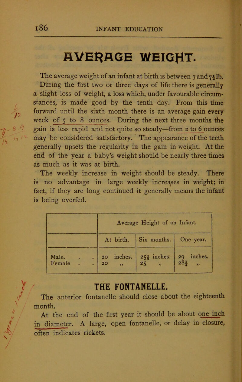 AVERAGE WEIGHT. The average weight of an infant at birth is between 7 and 7* lb. During the first two or three days of life there is generally a slight loss of weight, a loss which, under favourable circum- stances, is made good by the tenth day. From this time forward until the sixth month there is an average gain every week of 5 to 8 ounces. During the next three months the gain is less rapid and not quite so steady—from 2 to 6 ounces may be considered satisfactory. The appearance of the teeth generally upsets the regularity in the gain in weight. At the end of the year a baby’s weight should be nearly three times as much as it was at birth. The weekly increase in weight should be steady. There is no advantage in large weekly increases in weight; in fact, if they are long continued it generally means the infant is being overfed. Average Height of an Infant. At birth. Six months. One year. Male. Female 20 inches. 20 25J inches. 25 29 inches. 28J „ THE FONTANELLE. The anterior fontanelle should close about the eighteenth month. At the end of the first year it should be about one inch in diameter. A large, open fontanelle, or delay in closure, often indicates rickets.