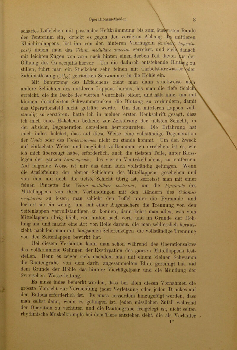 scharfes Löffelchen mit passender Heftkrümmung bis zum äusWsten Rande des Tentorium ein, drückt es gegen den vorderen Abhang dta mittleren Kleinhirnlappens, löst ihn von den hinteren Vierhügeln (eminebL bigemin. post.) indem man das Velwn medulläre anterius zerreisst, und ziem, danach mit leichten Zügen von vorn nach hinten einen derben Teil davon Vis der Öffnung des Os occipitis hervor. Um die dadurch entstehende Blutung zu stillen, führt man ein Stückchen sehr feinen mit CarbolsäurewasserVder Sublimatlösung (1 °/00) getränkten Schwammes in die Höhle ein. \ Mit Benutzung des Löffelchens zieht man dann stückweise no^h andere Schichten des mittleren Lappens heraus, bis man die tiefe SchicnV erreicht, die die Decke des vierten Ventrikels bildet, und hält inne, um mit \ kleinen desinficirten Schwammstücken die Blutung zu verhindern, damit das Operationsfeld nicht getrübt werde. Um den mittleren Lappen voll- ständig zu zerstören, hatte ich in meiner ersten Denkschrift gesagt, dass ich mich eines Häkchens bediene zur Zerstörung der tiefsten Schicht, in der Absicht, Degeneration derselben hervorzurufen. Die Erfahrung hat mich indes belehrt, dass auf diese Weise eine vollständige Degeneration der Uvula oder des Vorderwurmes nicht zu stände kommt. Um den Zweck auf einfachste Weise und möglichst vollkommen zu erreichen, ist es, wie ich mich überzeugt habe, erforderlich, auch die tiefsten Teile, unter Bloss- legen der ganzen Bautengrubc, des vierten Ventrikelbodens, zu entfernen. Auf folgende Weise ist mir das denn auch vollständig gelungen. Wenn die Auslöffelung der oberen Schichten des Mittellappens geschehen und von ihm nur noch die tiefste Schicht übrig ist, zerreisst man mit einer feinen Pincette das Velum medulläre posterius, um die Pyramide des Mittellappens von ihren Verbindungen mit den Rändern des Calamus scriptorius zu lösen; man schiebt den Löffel unter die Pyramide und lockert sie ein wenig, um mit einer Augenschere die Trennung von den Seitenlappen vervollständigen zu können; dann kehrt man alles, was vom Mittellappen übrig blieb, von hinten nach vorn und im Grunde der Höh- lung um und macht eine Art von Rolle daraus, die man schliesslich heraus- zieht, nachdem man mit langsamen Scherenzügen die vollständige Trennung von den Seitenlappen bewirkt hat. Bei diesem Verfahren kann man schon während des Operationsaktes das vollkommene Gelingen der Exstirpation des ganzen Mittellappens fest- stellen. Denn es zeigen sich, nachdem man mit einem kleinen Schwamm die Rautengrube von dem darin angesammelten Blute gereinigt hat, auf dem Grunde der Höhle das hintere Vierhügelpaar und die Mündung der SvLvischen Wasserleitung. Es muss indes bemerkt werden, dass bei allen diesen Vornahmen die grösste Vorsicht zur Vermeidung jeder Verletzung oder jeden Druckes auf den Bulbus erforderlich ist. Es muss ausserdem hinzugefügt werden, dass man selbst dann, wenn es gelungen ist, jeden misslichen Zufall während der Operation zu verhüten und die Rautengrube freigelegt ist, nicht selten rhythmische Muskelkrämpfe bei dem Tiere entstehen sieht, die als Vorläufer . 1*