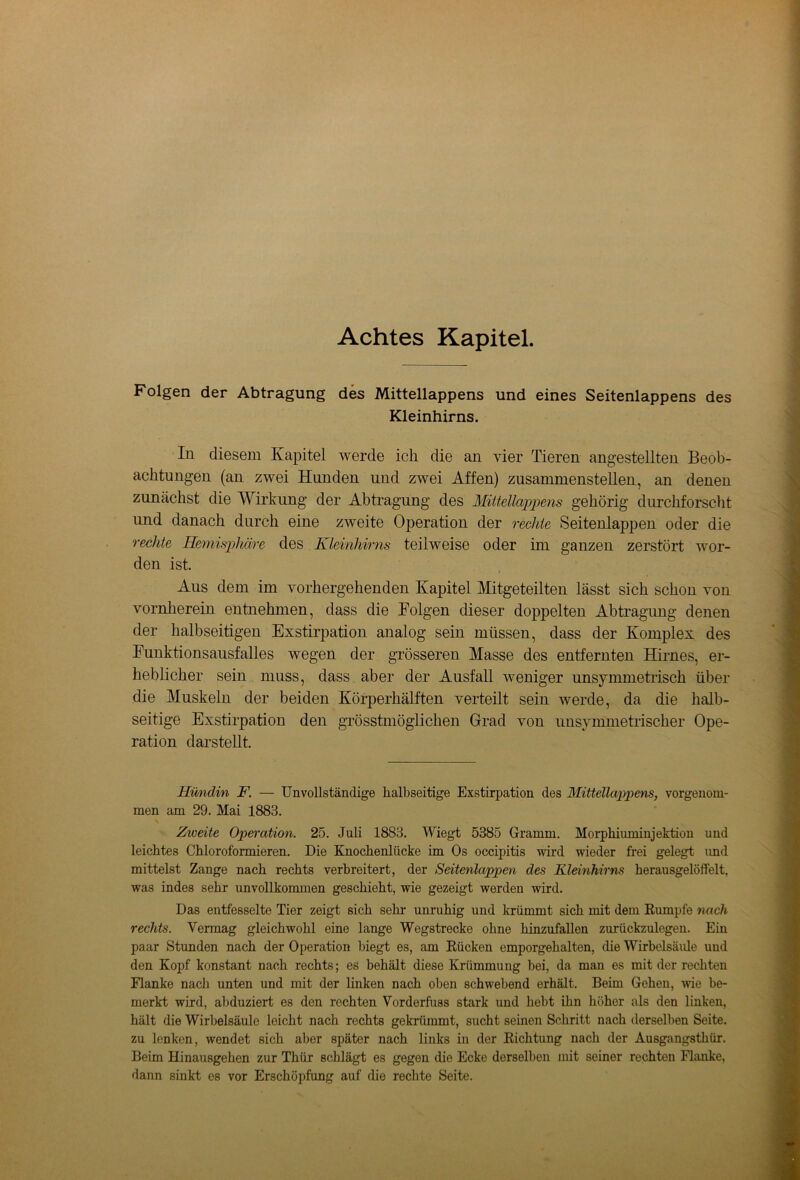 Achtes Kapitel. Folgen der Abtragung des Mittellappens und eines Seitenlappens des Kleinhirns. In diesem Kapitel werde ich die an vier Tieren angestellten Beob- achtungen (an zwei Hunden und zwei Affen) zusammenstellen, an denen zunächst die Wirkung der Abtragung des Mittellappens gehörig durchforscht und danach durch eine zweite Operation der rechte Seitenlappen oder die rechte Hemisphäre des Kleinhirns teilweise oder im ganzen zerstört wor- den ist. Aus dem im vorhergehenden Kapitel Mitgeteilten lässt sich schon von vornherein entnehmen, dass die Folgen dieser doppelten Abtragung denen der halbseitigen Exstirpation analog sein müssen, dass der Komplex des Funktionsausfalles wegen der grösseren Masse des entfernten Hirnes, er- heblicher sein muss, dass aber der Ausfall weniger unsymmetrisch über die Muskeln der beiden Körperhälften verteilt sein werde, da die halb- seitige Exstirpation den grösstmöglichen Grad von unsymmetrischer Ope- ration darstellt. Hündin F. — Unvollständige halbseitige Exstirpation des Mittellappens, vorgenom- men am 29. Mai 1883. Ztveite Operation. 25. Juli 1883. Wiegt 5385 Gramm. Morphiuminjektion und leichtes Chloroformieren. Die Knochenlücke im Os occipitis wird wieder frei gelegt und mittelst Zange nach rechts verbreitert, der Seitenlappen des Kleinhirns herausgelöffelt, was indes sehr unvollkommen geschieht, wie gezeigt werden wird. Das entfesselte Tier zeigt sich sehr unruhig und krümmt sich mit dem Rumpfe nach rechts. Vermag gleichwohl eine lange Wegstrecke ohne bin zu fallen zurückzulegen. Ein paar Stunden nach der Operation biegt es, am Rücken emporgehalten, die Wirbelsäule und den Kopf konstant nach rechts; es behält diese Krümmung bei, da man es mit der rechten Flanke nach unten und mit der linken nach oben schwebend erhält. Beim Gehen, wie be- merkt wird, abduziert es den rechten Vorderfuss stark und hebt ihn höher als den linken, hält die Wirbelsäule leicht nach rechts gekrümmt, sucht seinen Schritt nach derselben Seite, zu lenken, wendet sich aber später nach links in der Richtung nach der Ausgangsthür. Beim Hinausgehen zur Thür schlägt es gegen die Ecke derselben mit seiner rechten Flanke, dann sinkt es vor Erschöpfung auf die rechte Seite.