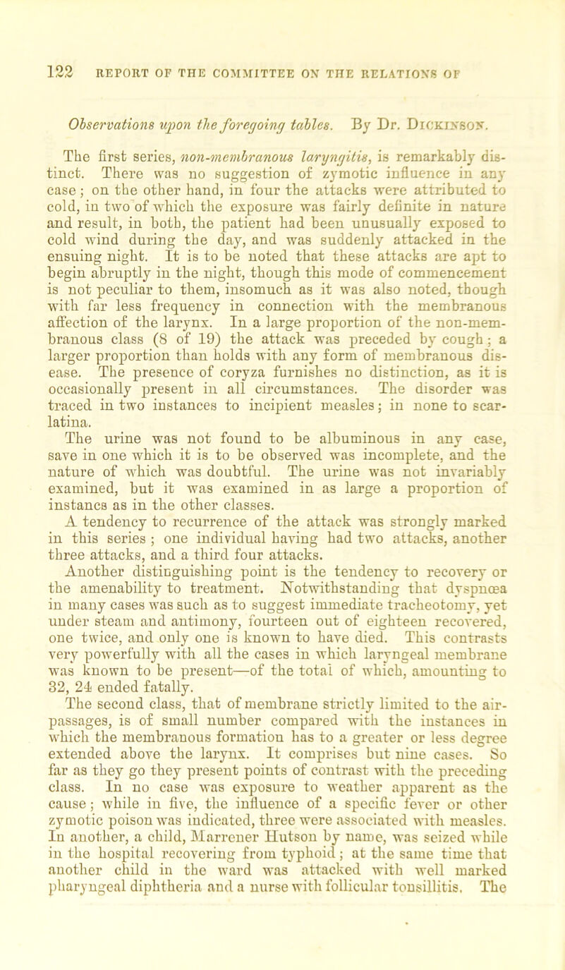 Observations upon the foregoing tables. By Dr. Dickinson. The first series, non-menibranous laryngitis, is remarkably dis- tinct. There was no suggestion of zymotic influence in any case; on the other hand, in four the attacks were attributed to cold, in two of which the exposure was fairly definite in nature and result, in both, the patient bad been unusually exposed to cold wind during the day, and was suddenly attacked in the ensuing night. It is to be noted that these attacks are apt to begin abruptly in the night, though this mode of commencement is not peculiar to them, insomuch as it was also noted, though with far less frequency in connection with the membranous affection of the larynx. In a large proportion of the non-mem- branous class (8 of 19) the attack was preceded by cough; a larger proportion than holds with any form of membranous dis- ease. The presence of coryza furnishes no distinction, as it is occasionally present in all circumstances. The disorder was traced in two instances to incipient measles; in none to scar- latina. The urine was not found to be albuminous in any case, save in one which it is to be observed was incomplete, and the nature of which was doubtful. The urine was not invariably examined, but it was examined in as large a proportion of instancs as in the other classes. A tendency to recurrence of the attack was strongly marked in this series ; one individual having had two attacks, another three attacks, and a third four attacks. Another distinguishing point is the tendency to recovery or the amenability to treatment. Notwithstanding that dyspnoea in many cases was such as to suggest immediate tracheotomy, yet under steam and antimony, fourteen out of eighteen recovered, one twice, and only one is known to have died. This contrasts very powerfully with all the cases in which laryngeal membrane was known to be present—of the total of which, amounting to 32, 24 ended fatally. The second class, that of membrane strictly limited to the air- passages, is of small number compared with the instances in which the membranous formation has to a greater or less degree extended above the larynx. It comprises but nine cases. So far as they go they present points of contrast with the preceding class. In no case was exposure to weather apparent as the cause; while in five, the influence of a specific fever or other zymotic poison was indicated, three were associated with measles. In another, a child, Marrener Hutson by name, was seized while in the hospital recovering from typhoid; at the same time that another child in the ward was attacked with well marked pharyngeal diphtheria and a nurse with follicular tonsillitis. The