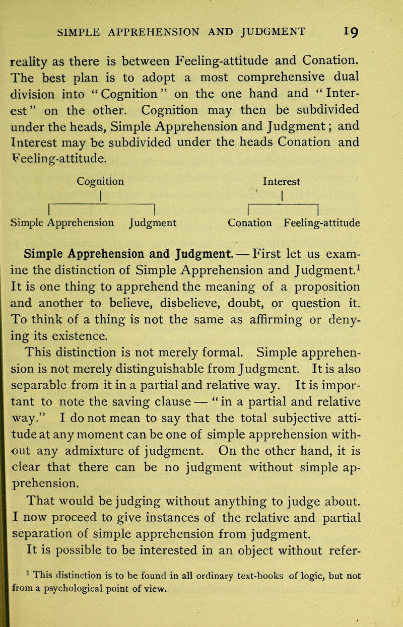 reality as there is between Feeling-attitude and Conation. The best plan is to adopt a most comprehensive dual division into “ Cognition ” on the one hand and “ Inter- est ” on the other. Cognition may then be subdivided under the heads, Simple Apprehension and Judgment; and Interest may be subdivided under the heads Conation and Feeling-attitude. Cognition Interest 1 ' 1 1 l l l Simple Apprehension Judgment Conation Feeling-attitude Simple Apprehension and Judgment. — First let us exam- ine the distinction of Simple Apprehension and Judgment.1 It is one thing to apprehend the meaning of a proposition and another to believe, disbelieve, doubt, or question it. To think of a thing is not the same as affirming or deny- ing its existence. This distinction is not merely formal. Simple apprehen- sion is not merely distinguishable from Judgment. It is also separable from it in a partial and relative way. It is impor- tant to note the saving clause — “ in a partial and relative way.” I do not mean to say that the total subjective atti- tude at any moment can be one of simple apprehension with- out any admixture of judgment. On the other hand, it is clear that there can be no judgment without simple ap- prehension. That would be judging without anything to judge about. I now proceed to give instances of the relative and partial separation of simple apprehension from judgment. It is possible to be interested in an object without refer- 1 This distinction is to be found in all ordinary text-books of logic, but not from a psychological point of view.