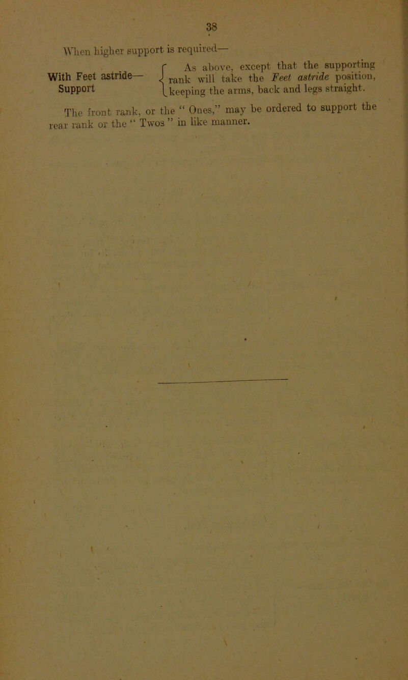 When higher support is required— r As above, except that the supporting With Feet astride— J take the Feet astride position, Support \keeping the arms, back and legs straight. The front rank, or the “ Ones,” may be ordered to support the rear rank or the “ Twos ” in like manner.