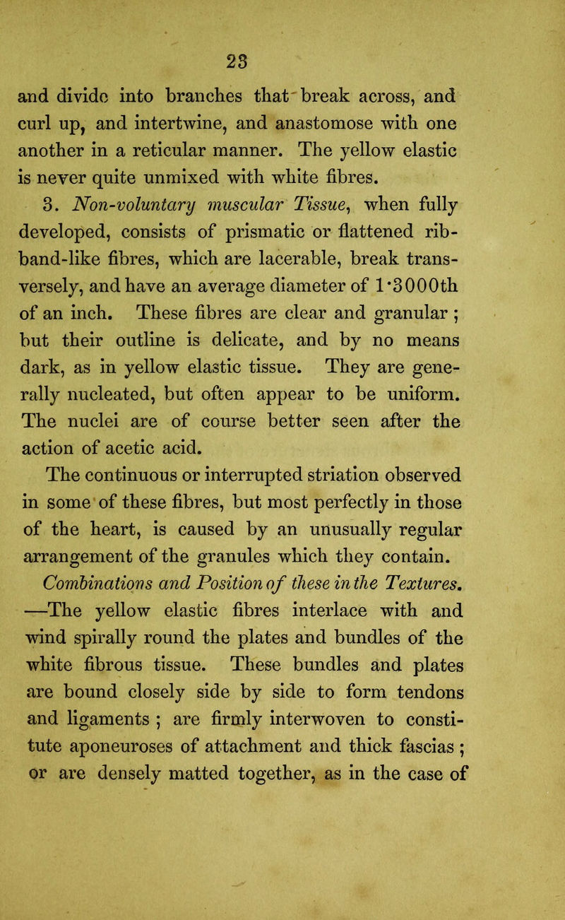 and divide into branches that break across, and curl up, and intertwine, and anastomose with one another in a reticular manner. The yellow elastic is never quite unmixed with white fibres. 3. Non-voluntary muscular Tissue, when fully developed, consists of prismatic or flattened rib- band-like fibres, which are lacerable, break trans- versely, and have an average diameter of 1 ’3000th of an inch. These fibres are clear and granular ; but their outline is delicate, and by no means dark, as in yellow elastic tissue. They are gene- rally nucleated, but often appear to be uniform. The nuclei are of course better seen after the action of acetic acid. The continuous or interrupted striation observed in some of these fibres, but most perfectly in those of the heart, is caused by an unusually regular arrangement of the granules which they contain. Combinations and Position of these in the Textures. —The yellow elastic fibres interlace with and wind spirally round the plates and bundles of the white fibrous tissue. These bundles and plates are bound closely side by side to form tendons and ligaments ; are firmly interwoven to consti- tute aponeuroses of attachment and thick fascias ; or are densely matted together, as in the case of