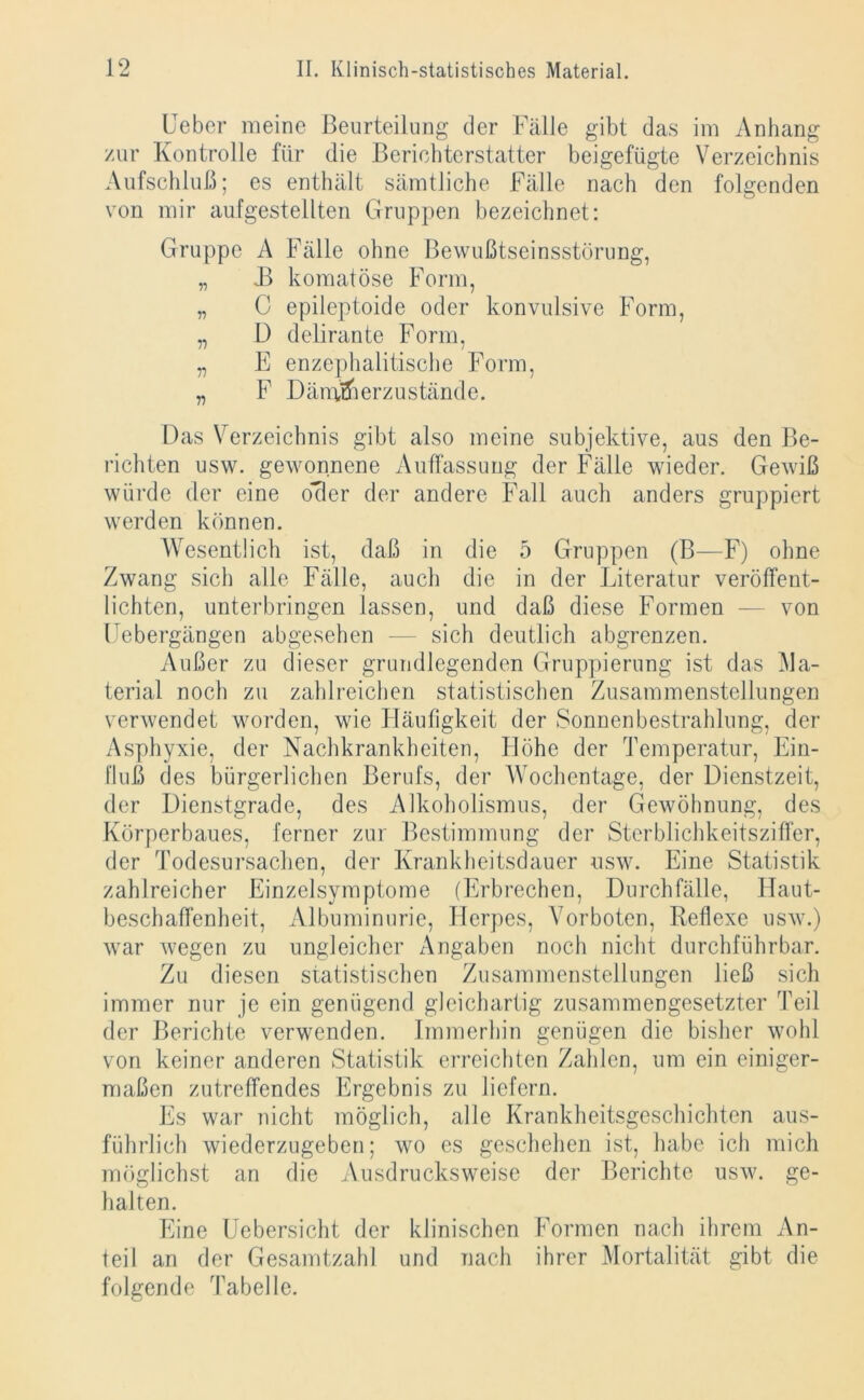 lieber meine Beurteilung der Fälle gibt das im Anhang zur Kontrolle für die Berichterstatter beigefügte Verzeichnis Aufschluß; es enthält sämtliche Fälle nach den folgenden von mir aufgestellten Gruppen bezeichnet: Gruppe A Fälle ohne Bewußtseinsstörung, „ B komatöse Form, „ C epileptoide oder konvulsive Form, „ D delirante Form, „ E enzephalitische Form, „ F Dämmerzustände. Das Verzeichnis gibt also meine subjektive, aus den Be- richten usw. gewonnene Auffassung der Fälle wieder. Gewiß würde der eine oMer der andere Fall auch anders gruppiert werden können. Wesentlich ist, daß in die 5 Gruppen (B—F) ohne Zwang sich alle Fälle, auch die in der Literatur veröffent- lichten, unterbringen lassen, und daß diese Formen — von Uebergängen abgesehen -— sich deutlich abgrenzen. Außer zu dieser grundlegenden Gruppierung ist das Ma- terial noch zu zahlreichen statistischen Zusammenstellungen verwendet worden, wie Eläufigkeit der Sonnenbestrahlung, der Asphyxie, der Nachkrankheiten, Höhe der Temperatur, Ein- fluß des bürgerlichen Berufs, der Wochentage, der Dienstzeit, der Dienstgrade, des Alkoholismus, der Gewöhnung, des Körperbaues, ferner zur Bestimmung der Sterblichkeitsziffer, der Todesursachen, der Krankheitsdauer usw. Eine Statistik zahlreicher Einzelsymptome (Erbrechen, Durchfälle, Haut- beschaffenheit, Albuminurie, Herpes, Vorboten, Reflexe usw.) war wegen zu ungleicher Angaben noch nicht durchführbar. Zu diesen statistischen Zusammenstellungen ließ sich immer nur je ein genügend gleichartig zusammengesetzter Teil der Berichte verwenden. Immerhin genügen die bisher wohl von keiner anderen Statistik erreichten Zahlen, um ein einiger- maßen zutreffendes Ergebnis zu liefern. Es war nicht möglich, alle Krankheitsgeschichten aus- führlich wiederzugeben; wo es geschehen ist, habe ich mich möglichst an die Ausdrucksweise der Berichte usw. ge- halten. Eine Uebersicht der klinischen Formen nach ihrem An- teil an der Gesamtzahl und nach ihrer Mortalität gibt die folgende Tabelle.