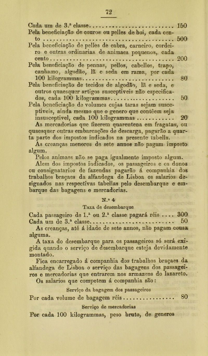 Cada um de 3.a classe 150 Pela beneficiação de couros ou pelles de boi, cada cen- to . 500 Pela beneficiação de pelles de cabra, carneiro, cordei- ro e outras ordinárias de animaes pequenos, cada cento 200 Pela beneficiação de pennas, pellos, cabellos, trapo, canbamo, algodão, lã e seda em rama, por cada 100 kilogrammas 80 Pela beneficiação de tecidos de algodão, lã e seda, e outros quaesquer artigos susceptíveis não especifica- dos, cada 100 kilogrammas 50 Pela beneficiação de volumes cujas taras sejam susce- ptíveis, ainda mesmo que o genero que contêem seja insusceptivel, cada 100 kilogrammas 20 As mercadorias que fizerem quarentena em fragatas, ou quaesquer outras embarcações de descarga, pagarão a quar- ta parte dos impostos indicados na presente tabella. As creanças menores de sete annos não pagam imposto algum. Pelos animaes não se paga igualmente imposto algum. Alem dos impostos indicados, os passageiros e os donos ou consignatários de fazendas pagarão á companhia dos trabalhos braçaes da alfandega de Lisboa os salarios de- signados nas respectivas tabellas pelo desembarque e em- barque das bagagens e mercadorias. N.° 4 Taxa de desembarque Cada passageiro de l.a ou 2.a classe pagará réis .... 300 Cada um de 3.a classe 50 As creanças, até á idade de sete annos, não pagam cousa alguma. A taxa do desembarque para os passageiros só será exi- gida quando o serviço de desembarque esteja devidamente montado. Fica encarregado á companhia dos trabalhos braçaes da alfandega de Lisboa o serviço das bagagens dos passagei- ros e mercadorias que entrarem nos armazéns do lazareto. Os salarios que competem á companhia são: Serviço da bagagem dos passageiros Por cada volume de bagagem réis SO Serviço de mercadorias Por cada 100 kilogrammas, peso bruto, de generos