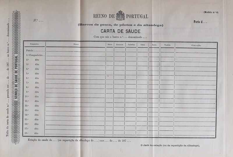 o <a ,s> cá cníJSB C“Bi <Q = S3> tr- ca •- a> oo CT3 0ÇD> (D0'-' o CD mi ?CD • CG Q 05 cG CGLU05 (QQb CG =3 05 CG **05 <G*/5p> cG i ■ i 05 a GqÇj) o CG 3) cá CG O 05 n3 (Gt>-0) cá m cd>b CGÕC^ cá P-i CGujfG cg c/d O) CG 05 CCã^S5 rd cá cá H CGí^D (Modelo n.° 4) Porto d... Com que sáe o barco n.° denominado ... | Companha Observações 1 Patrão 1 l.o Companheiro.. 2.o dito 3.» dito 4.o dito 5.o dito * 7.o dito 8.» dito 9.o dito IO.» dito 11.0 dito 12.“ dito 13. dito 14.» dito 15.» dito 16.o dito 17.o dito 18.» dito Estação de saude de ... (ou repartição da alfandega de ...) aos ... de . .. de 187 REINO DE . .. PORTUGAL