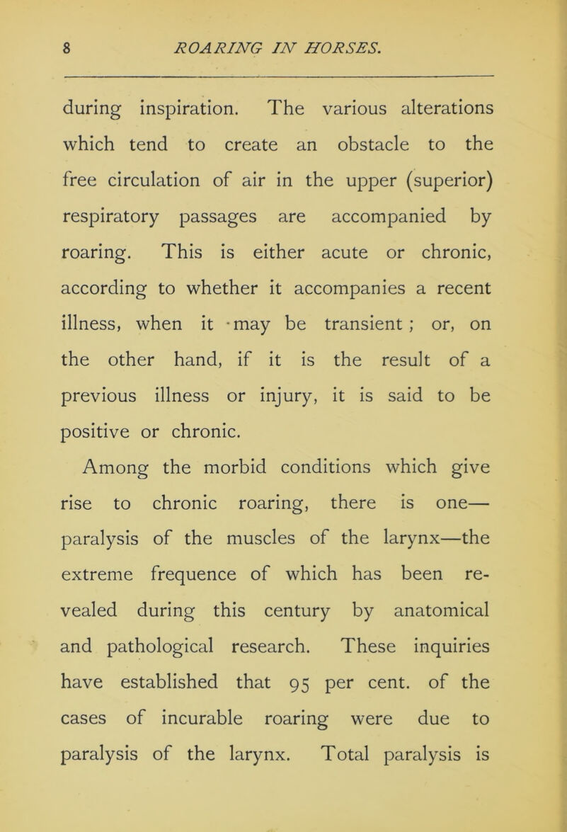 during inspiration. The various alterations which tend to create an obstacle to the free circulation of air in the upper (superior) respiratory passages are accompanied by roaring. This is either acute or chronic, according to whether it accompanies a recent illness, when it -may be transient; or, on the other hand, if it is the result of a previous illness or injury, it is said to be positive or chronic. Among the morbid conditions which give rise to chronic roaring, there is one— paralysis of the muscles of the larynx—the extreme frequence of which has been re- vealed during this century by anatomical and pathological research. These inquiries have established that 95 per cent, of the cases of incurable roaring were due to paralysis of the larynx. Total paralysis is